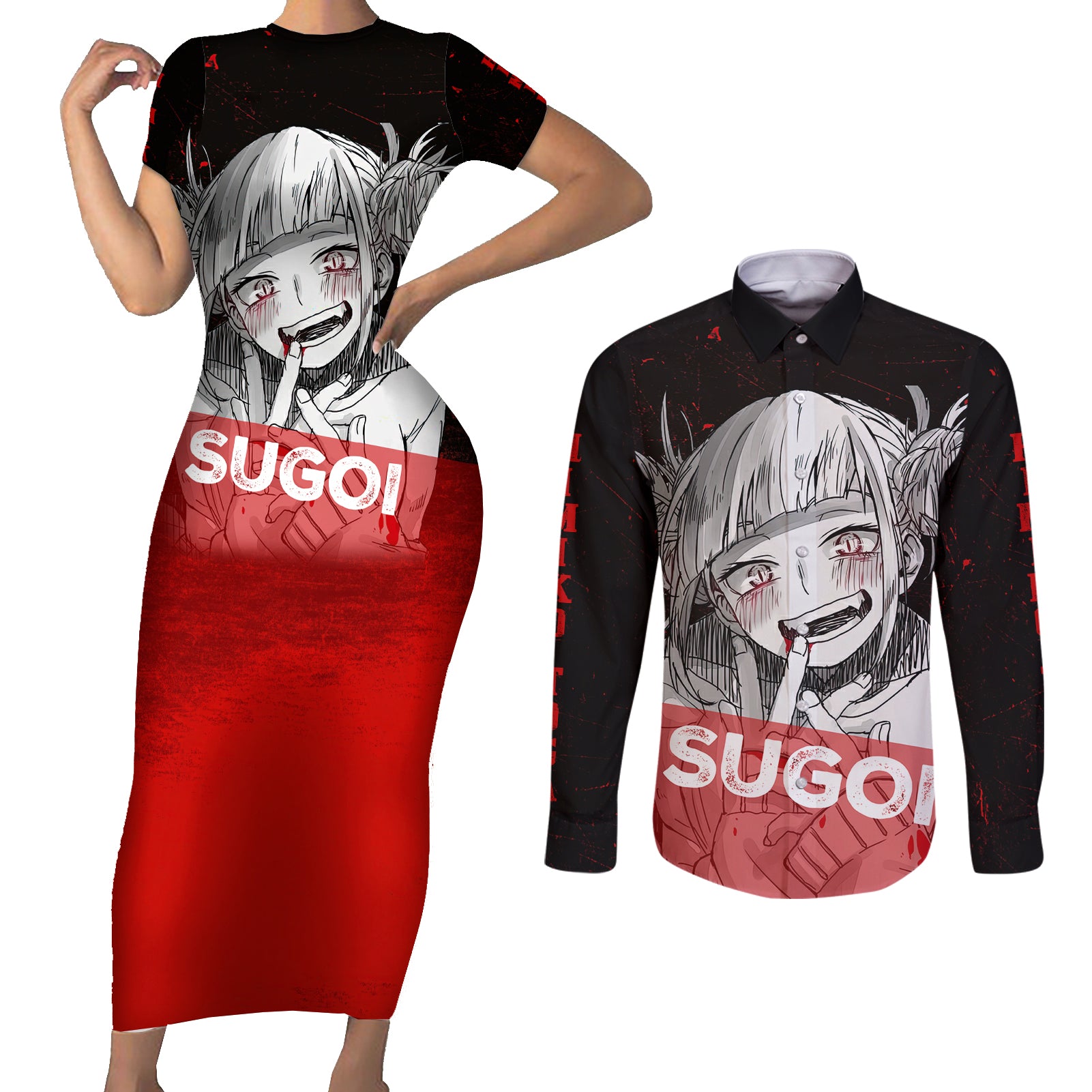 Himiko Toga Sugoi Couples Matching Short Sleeve Bodycon Dress and Long Sleeve Button Shirt