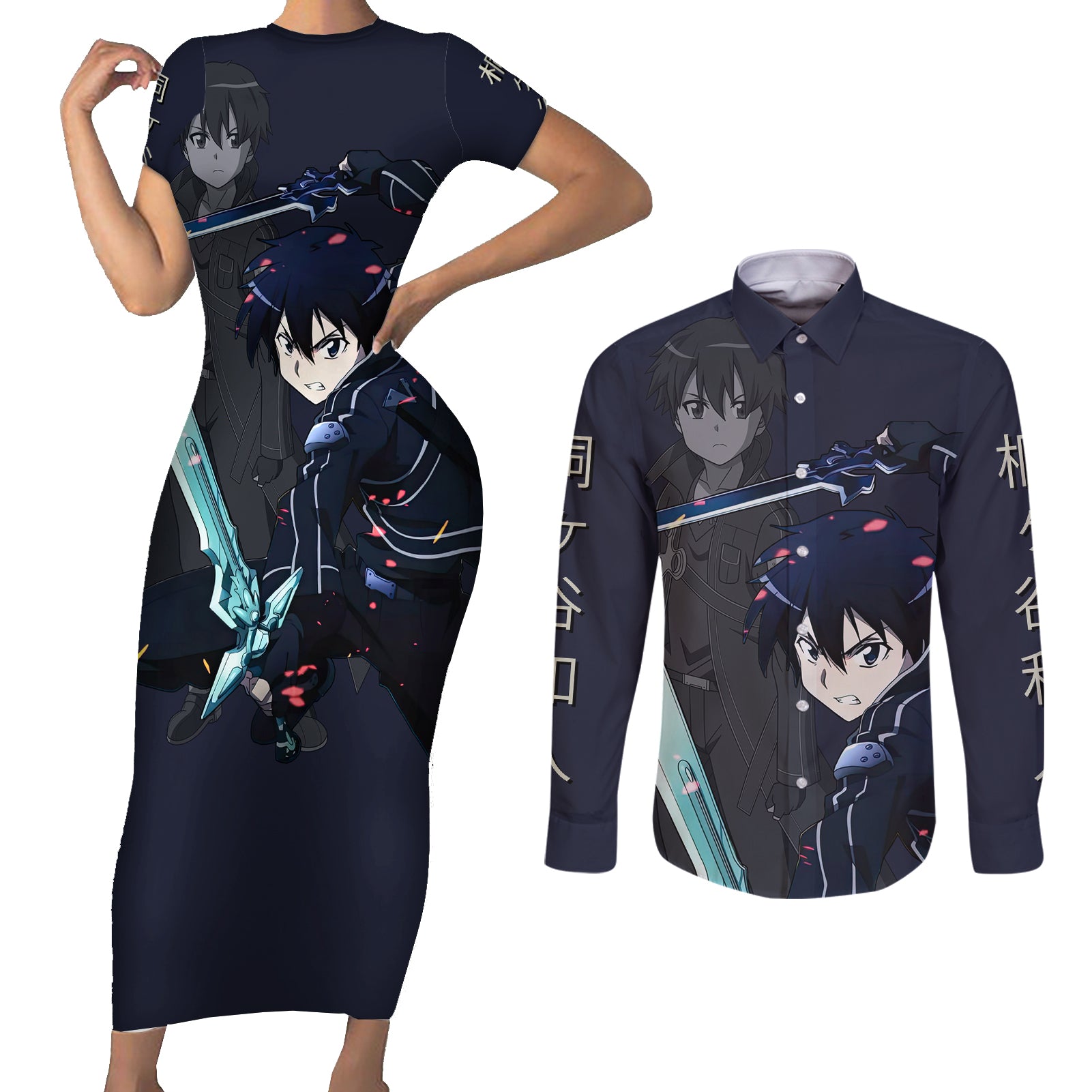 Kirito Couples Matching Short Sleeve Bodycon Dress and Long Sleeve Button Shirt