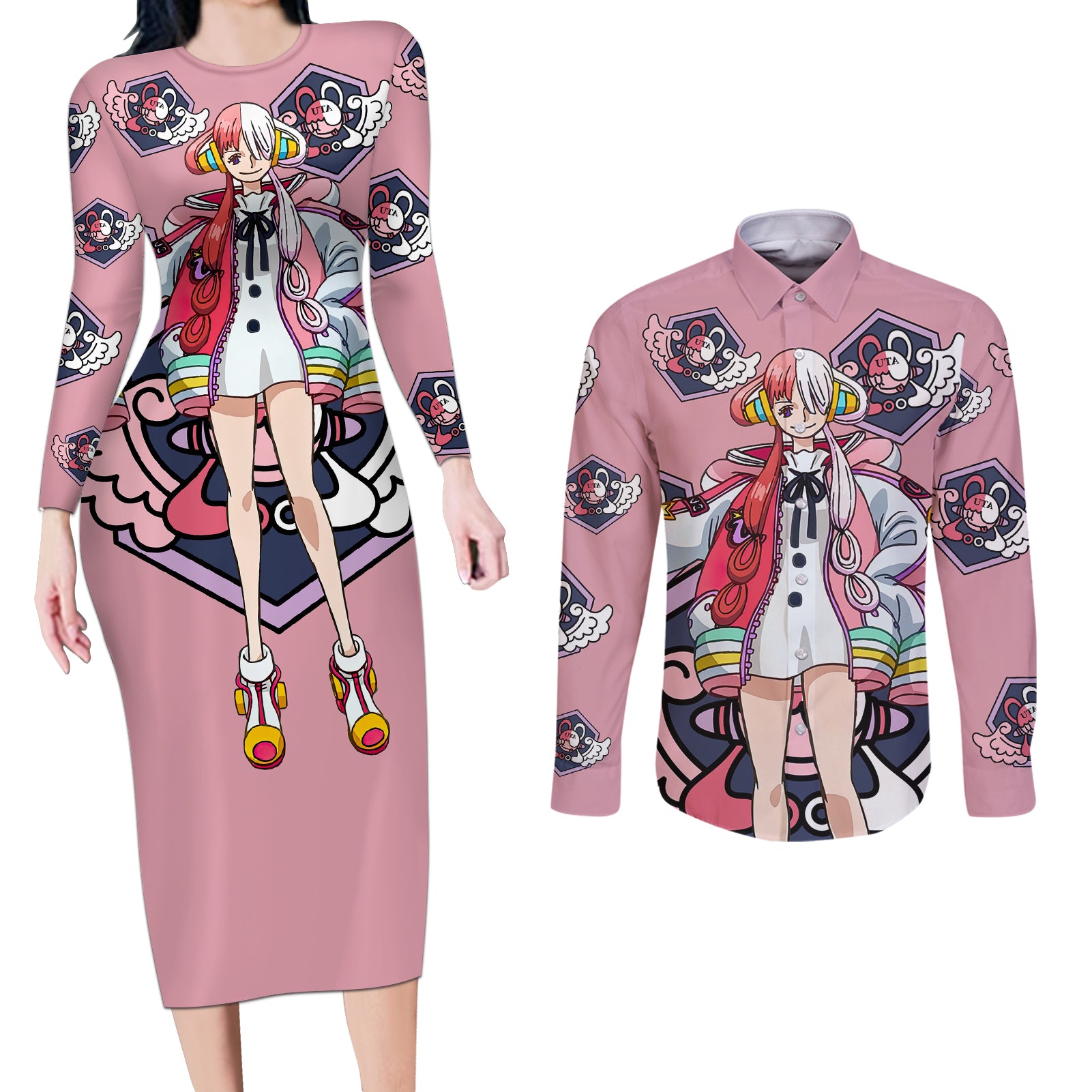 Utahime Uta - For Anime Fans Couples Matching Long Sleeve Bodycon Dress and Long Sleeve Button Shirt