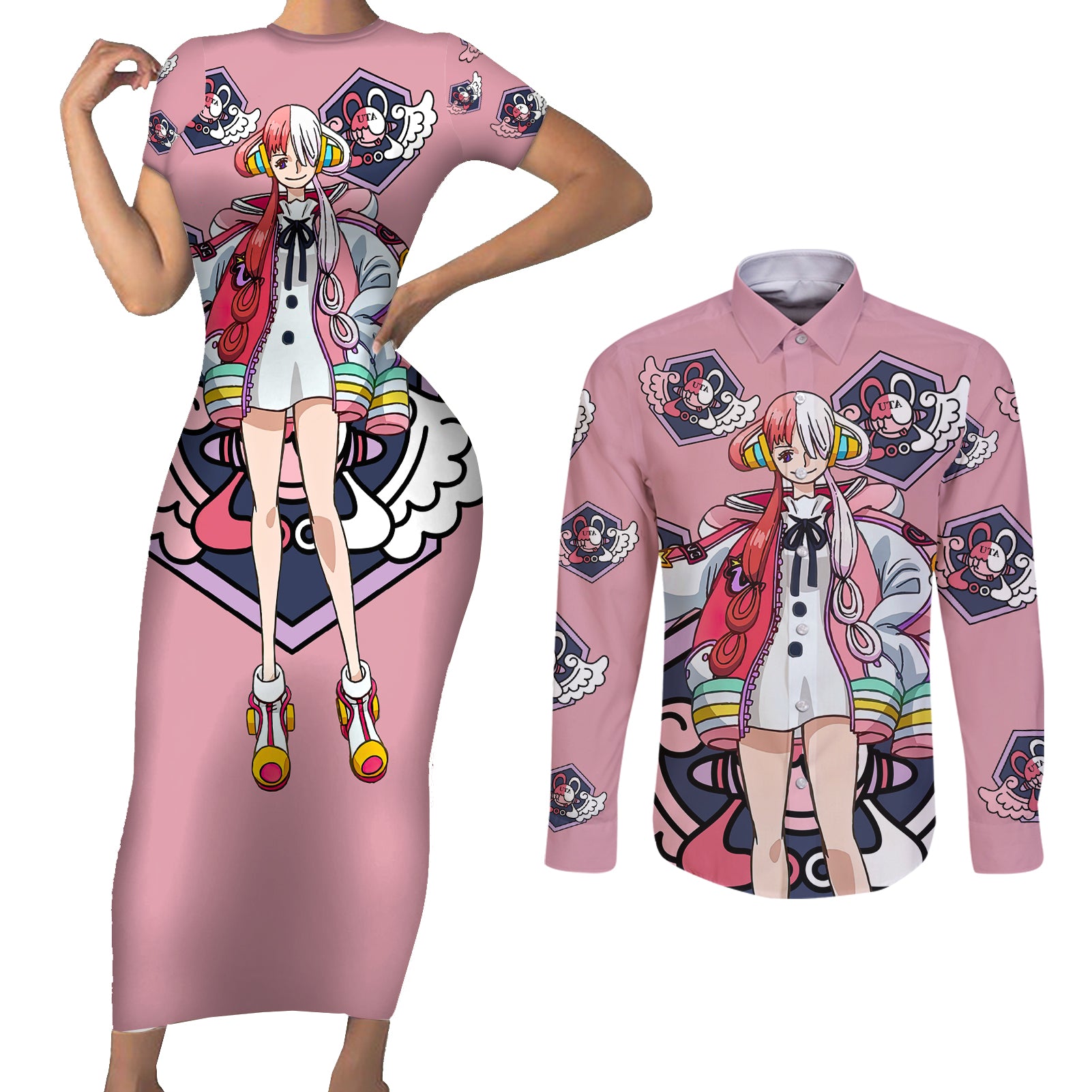 Utahime Uta - For Anime Fans Couples Matching Short Sleeve Bodycon Dress and Long Sleeve Button Shirt