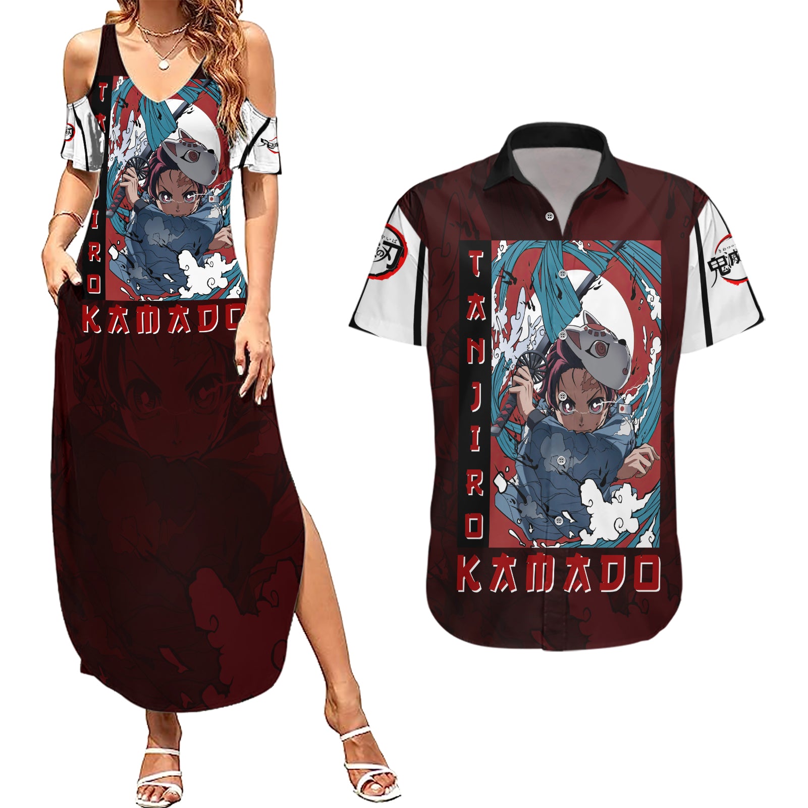 Tanjiro Kamado - Raising Sun Anime Couples Matching Summer Maxi Dress and Hawaiian Shirt