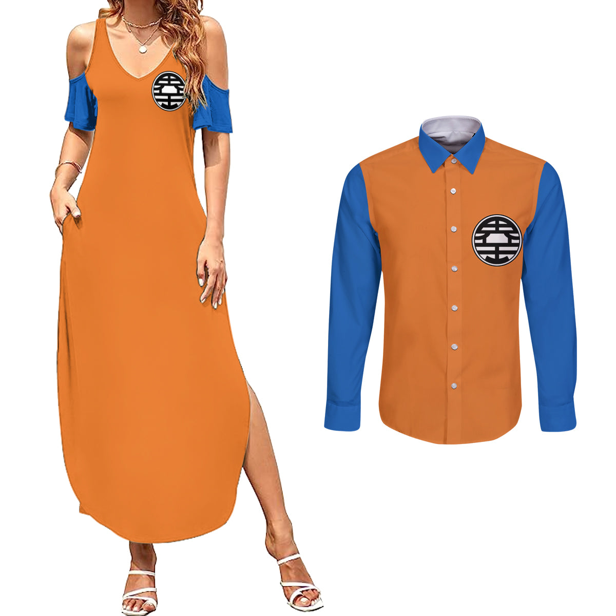 Goku King Kai Couples Matching Summer Maxi Dress and Long Sleeve Button Shirt Dragon Ball