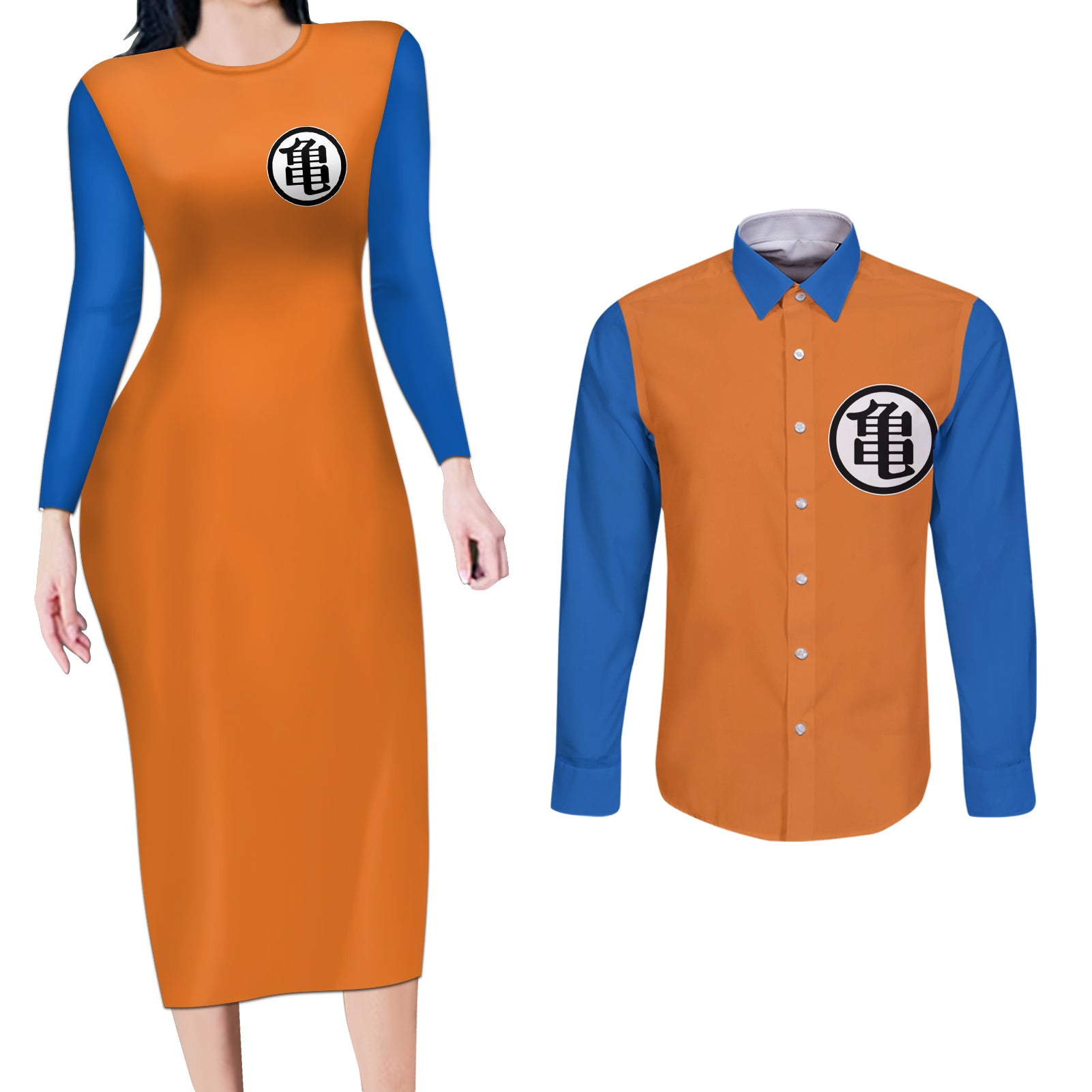 Goku Turtle Hermit Couples Matching Long Sleeve Bodycon Dress and Long Sleeve Button Shirt Dragon Ball