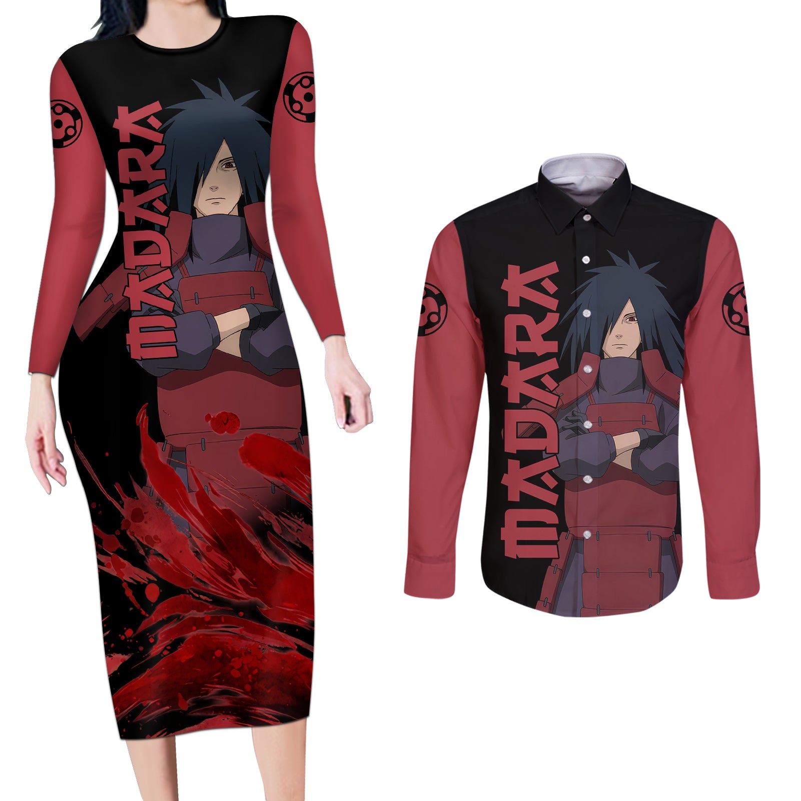 Uchiha Madara Sharingan Eyes Couples Matching Long Sleeve Bodycon Dress and Long Sleeve Button Shirt Naruto