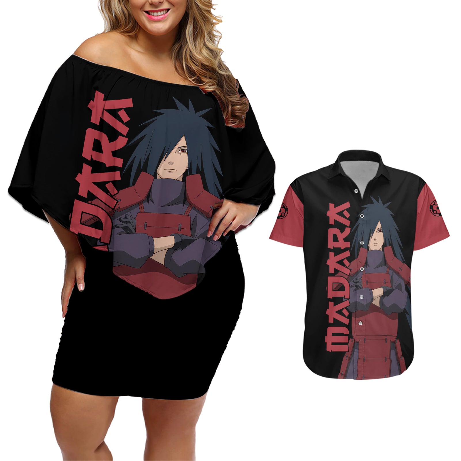 Uchiha Madara Sharingan Eyes Couples Matching Off Shoulder Short Dress and Hawaiian Shirt Naruto