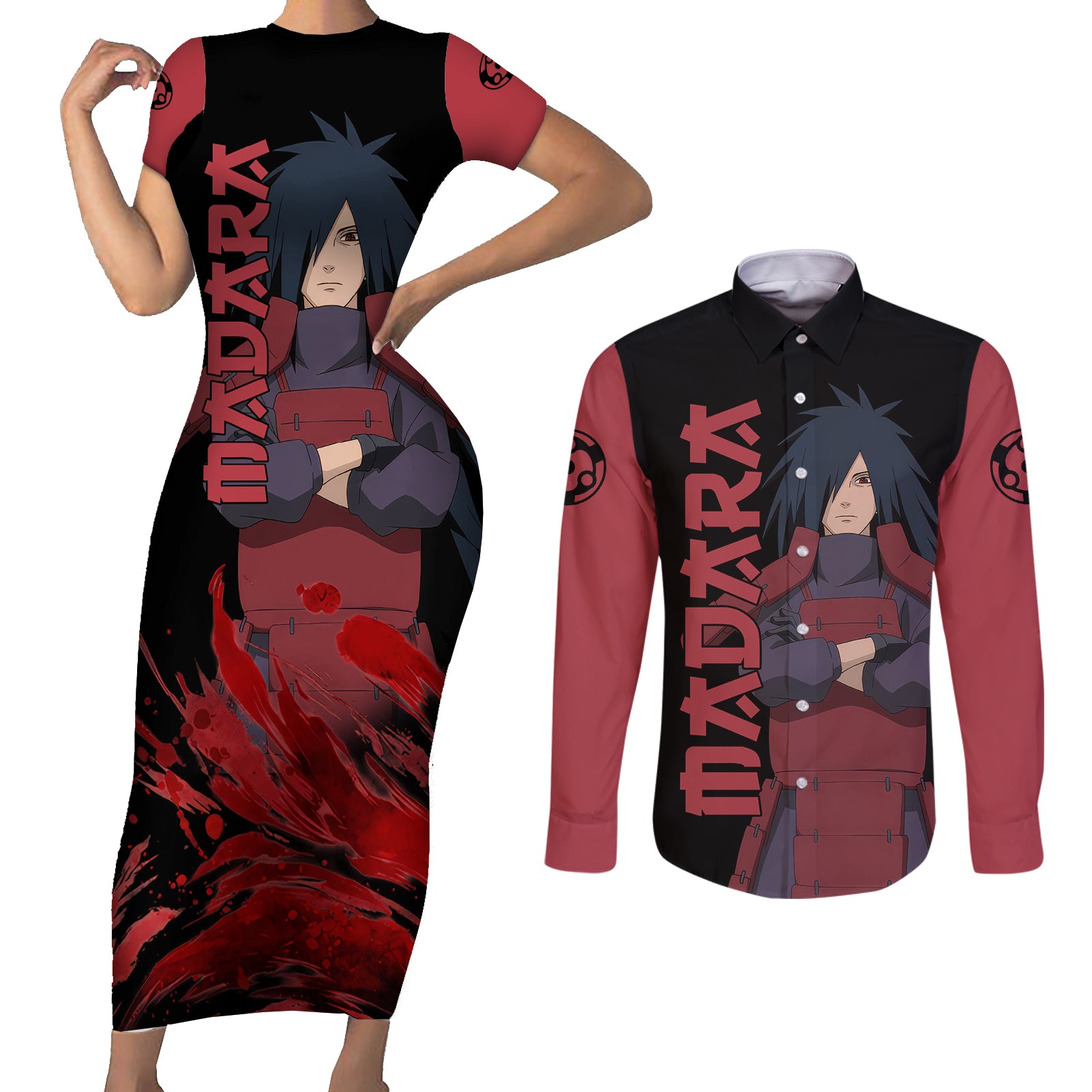 Uchiha Madara Sharingan Eyes Couples Matching Short Sleeve Bodycon Dress and Long Sleeve Button Shirt Naruto