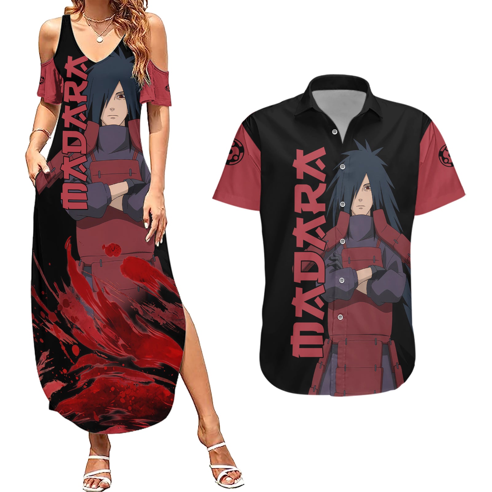 Uchiha Madara Sharingan Eyes Couples Matching Summer Maxi Dress and Hawaiian Shirt Naruto