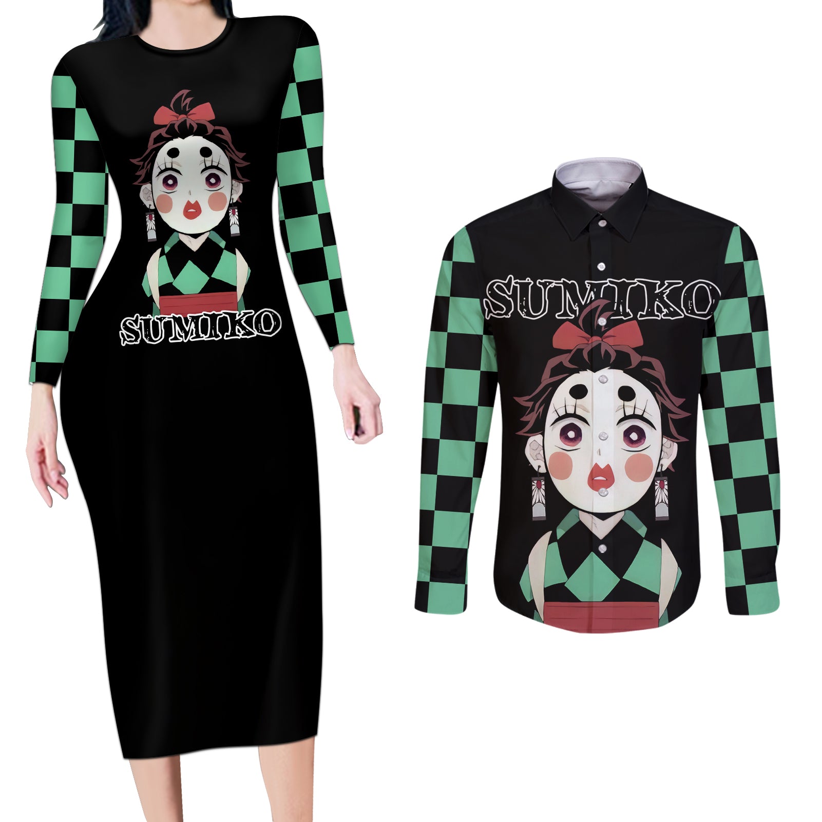 Tanjiro Sumiko Demon Slayer Couples Matching Long Sleeve Bodycon Dress and Long Sleeve Button Shirt Funny Face