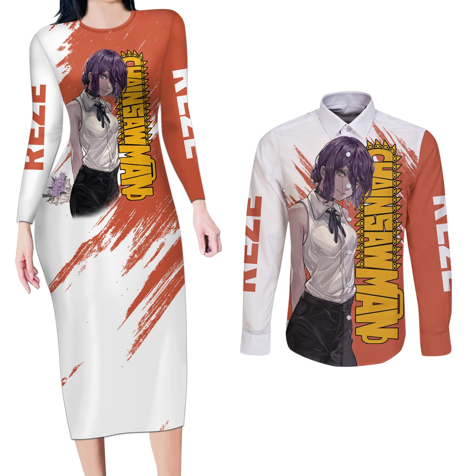 Reze Couples Matching Long Sleeve Bodycon Dress and Long Sleeve Button Shirt Chainsaw Man