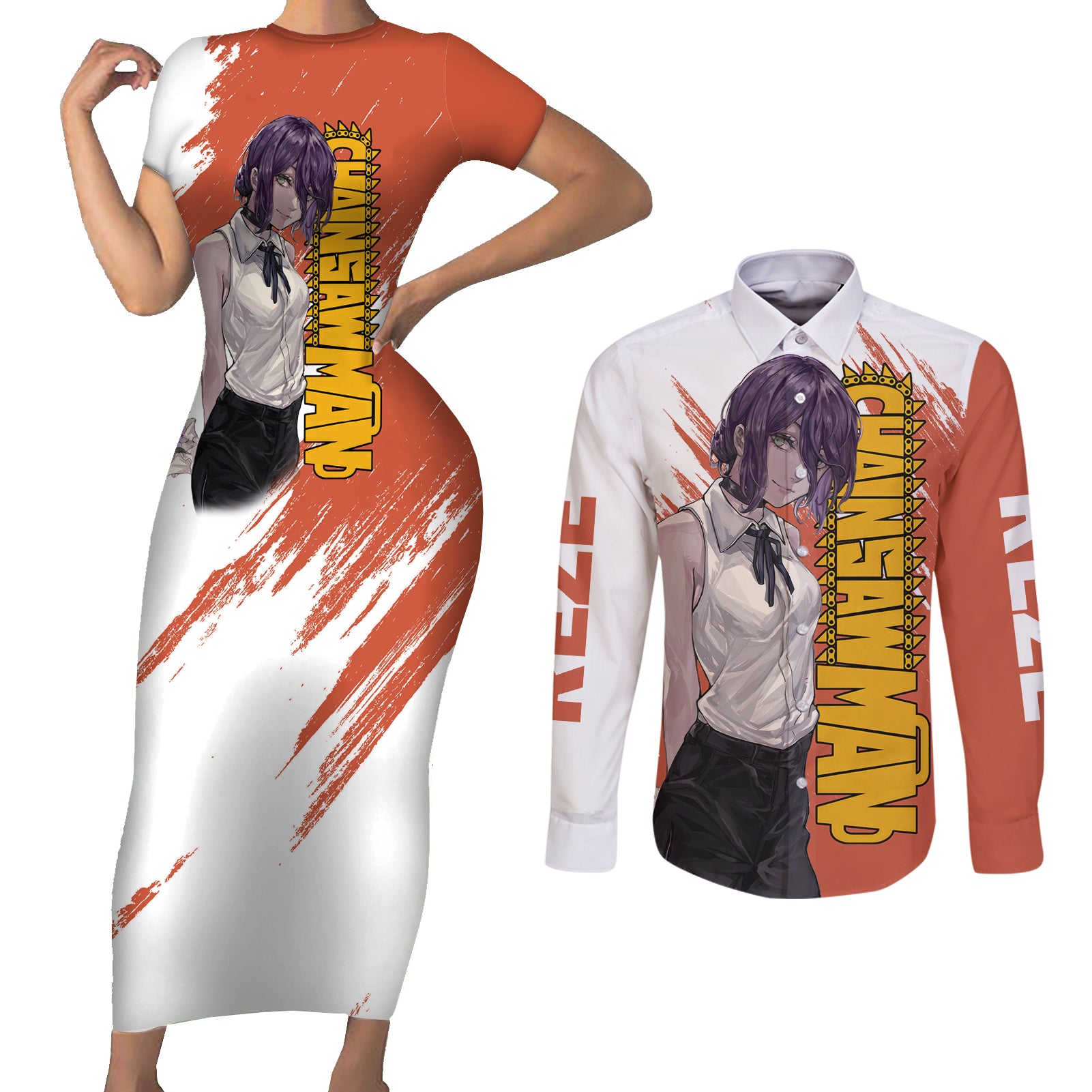 Reze Couples Matching Short Sleeve Bodycon Dress and Long Sleeve Button Shirt Chainsaw Man