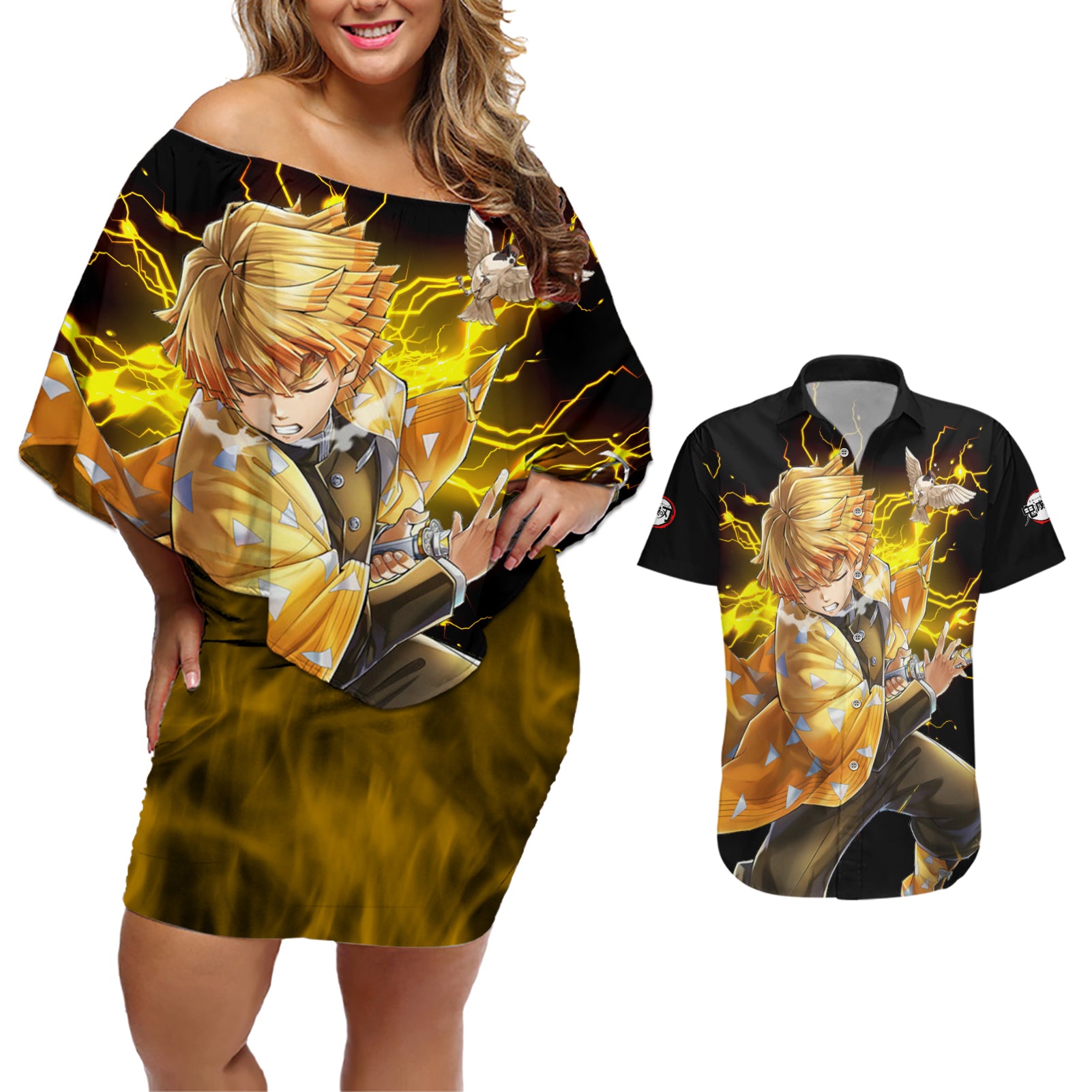 Zenitsu Agatsuma Demon Slayer Couples Matching Off Shoulder Short Dress and Hawaiian Shirt Anime Mix Manga Style