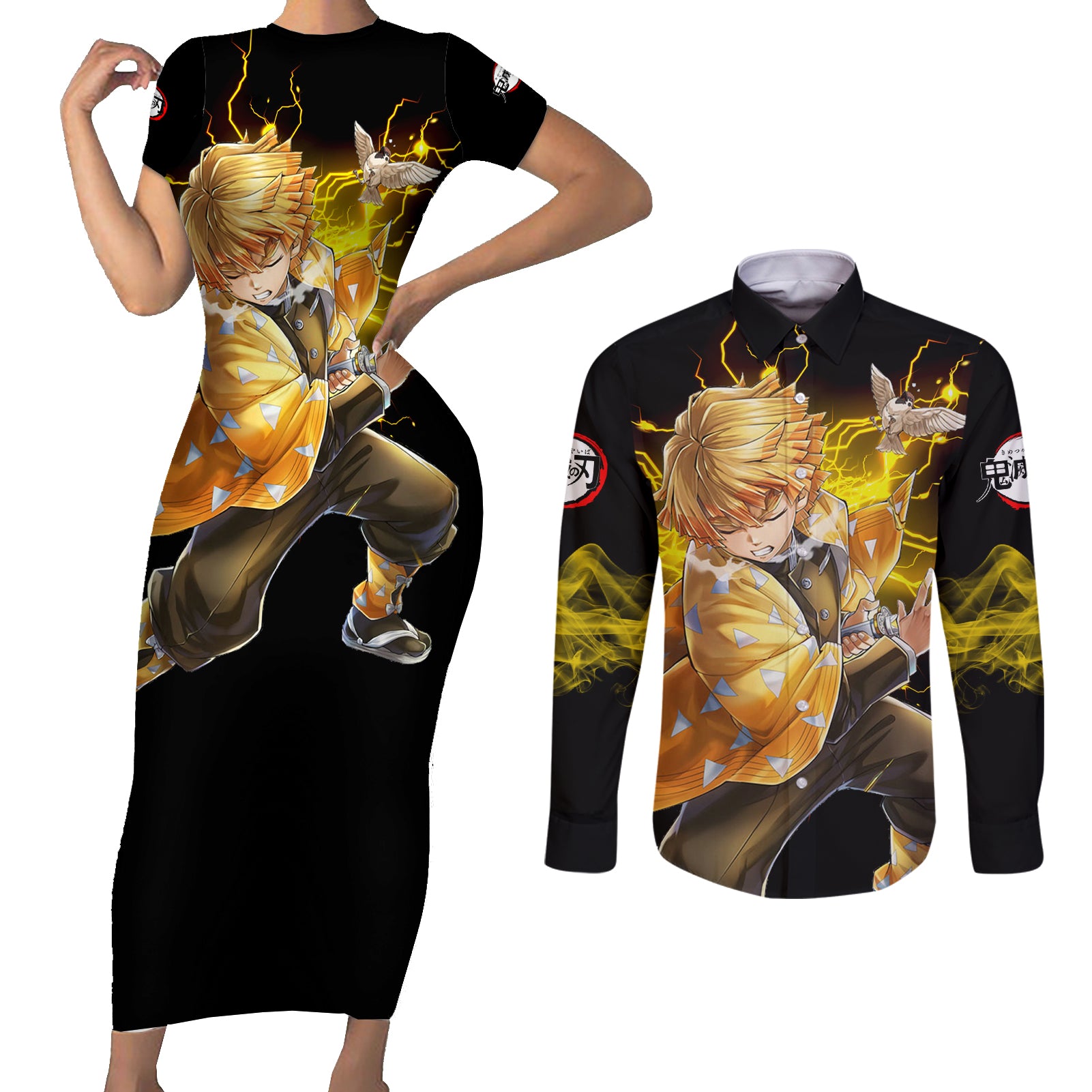 Zenitsu Agatsuma Demon Slayer Couples Matching Short Sleeve Bodycon Dress and Long Sleeve Button Shirt Anime Mix Manga Style