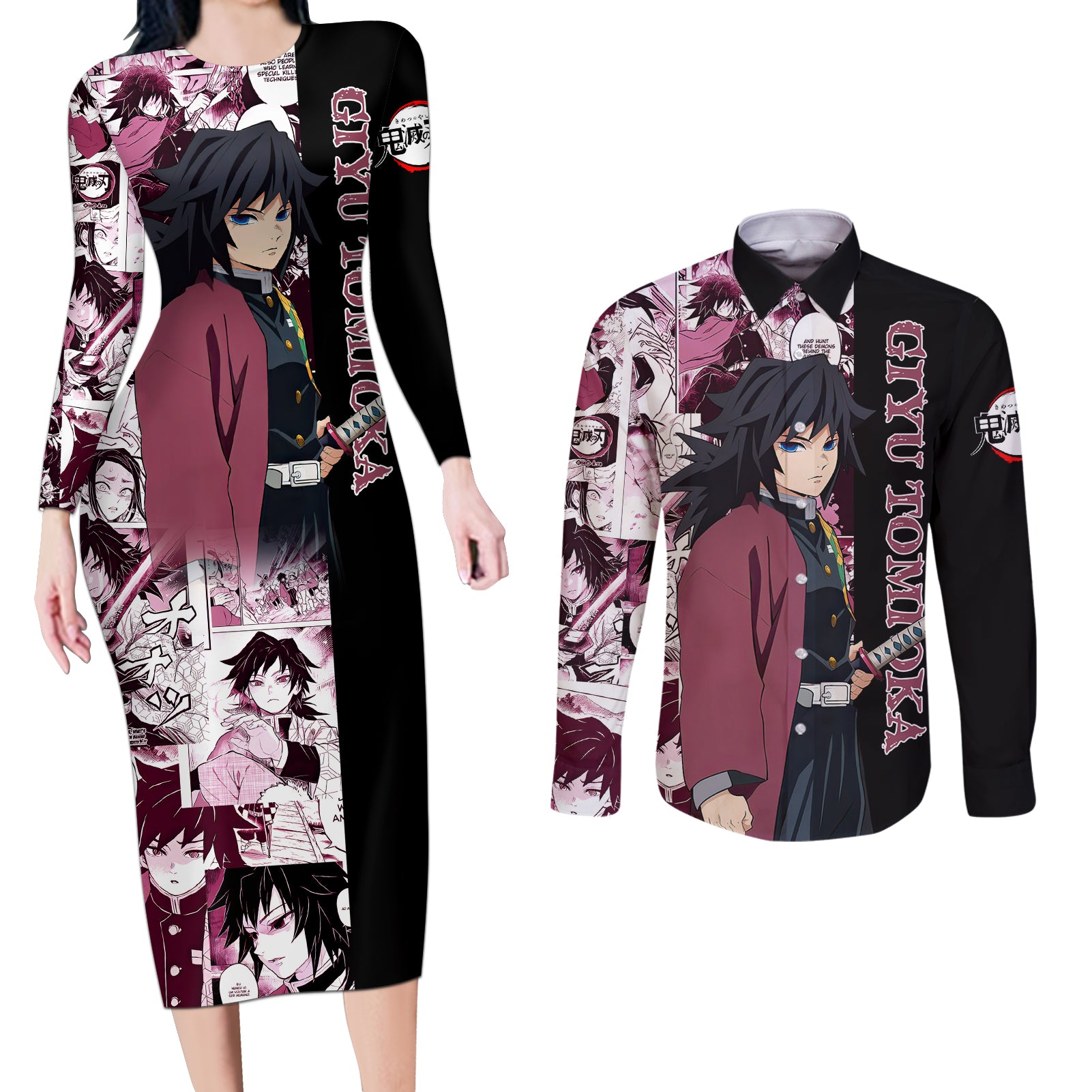 Giyu Tomioka Demon Slayer Couples Matching Long Sleeve Bodycon Dress and Long Sleeve Button Shirt Anime Mix Manga Style