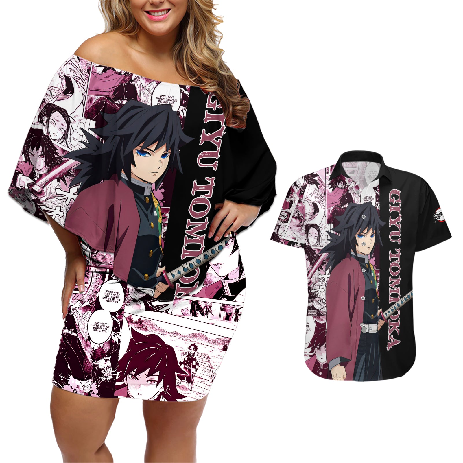 Giyu Tomioka Demon Slayer Couples Matching Off Shoulder Short Dress and Hawaiian Shirt Anime Mix Manga Style