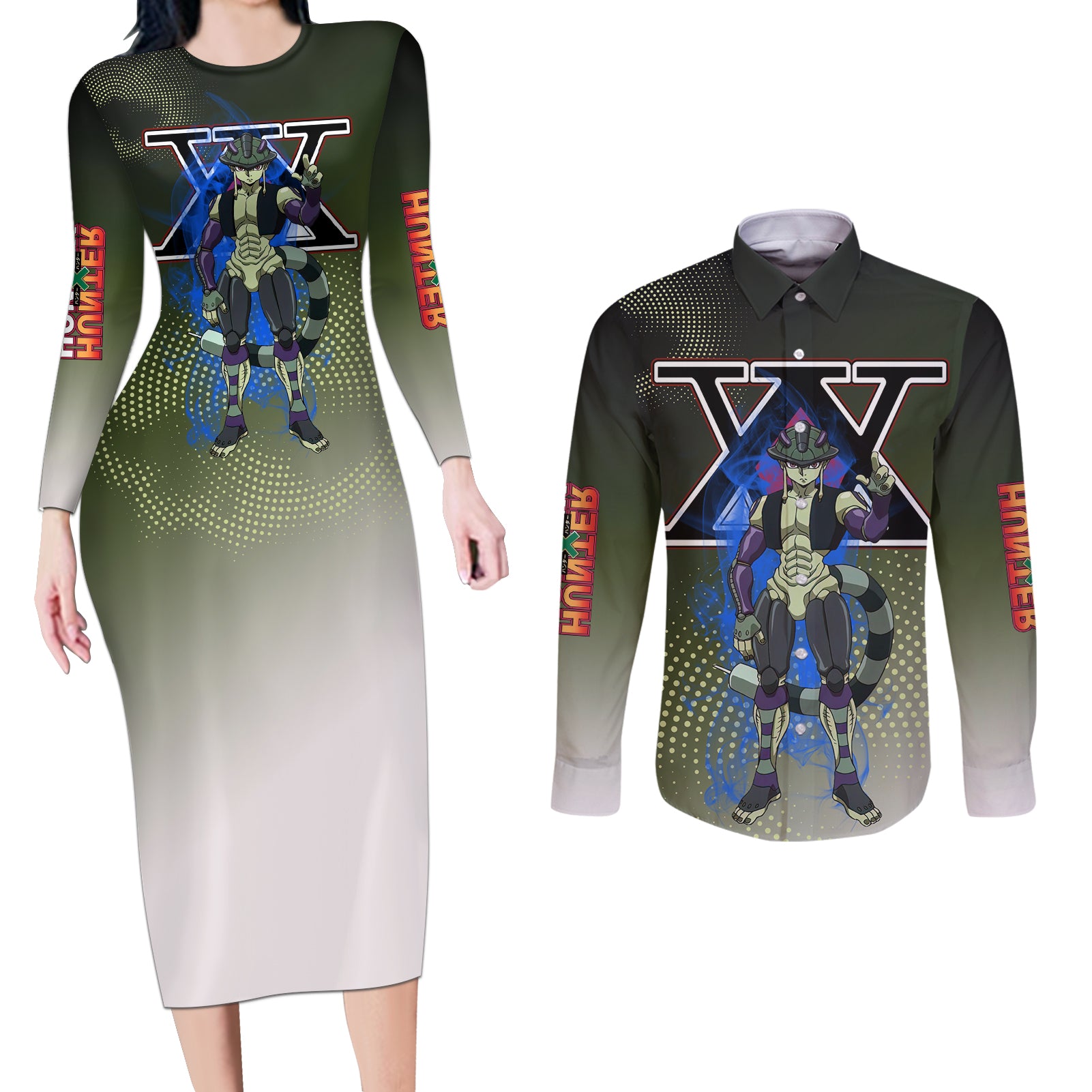 Meruem Hunter X Hunter Couples Matching Long Sleeve Bodycon Dress and Long Sleeve Button Shirt Anime Style