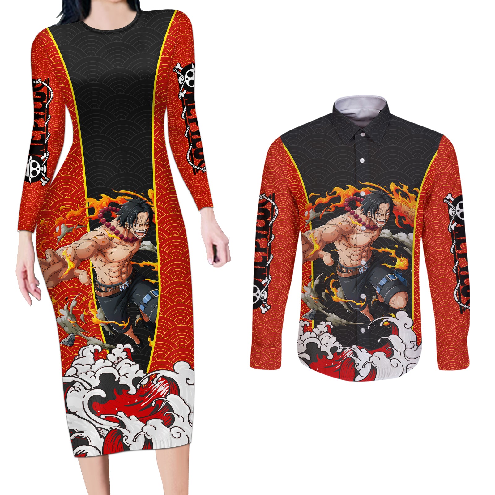 Portgas D.Ace - One Piece Couples Matching Long Sleeve Bodycon Dress and Long Sleeve Button Shirt Anime Japan Style