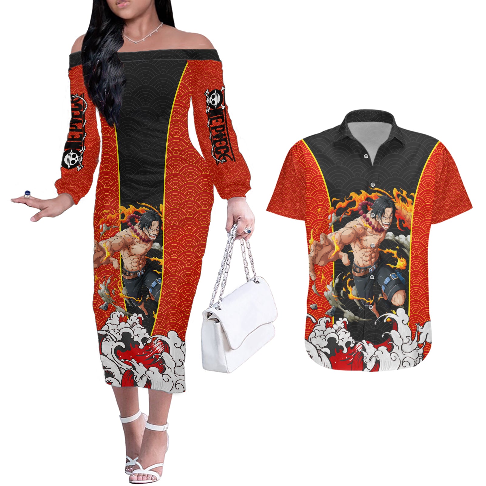 Portgas D.Ace - One Piece Couples Matching Off The Shoulder Long Sleeve Dress and Hawaiian Shirt Anime Japan Style