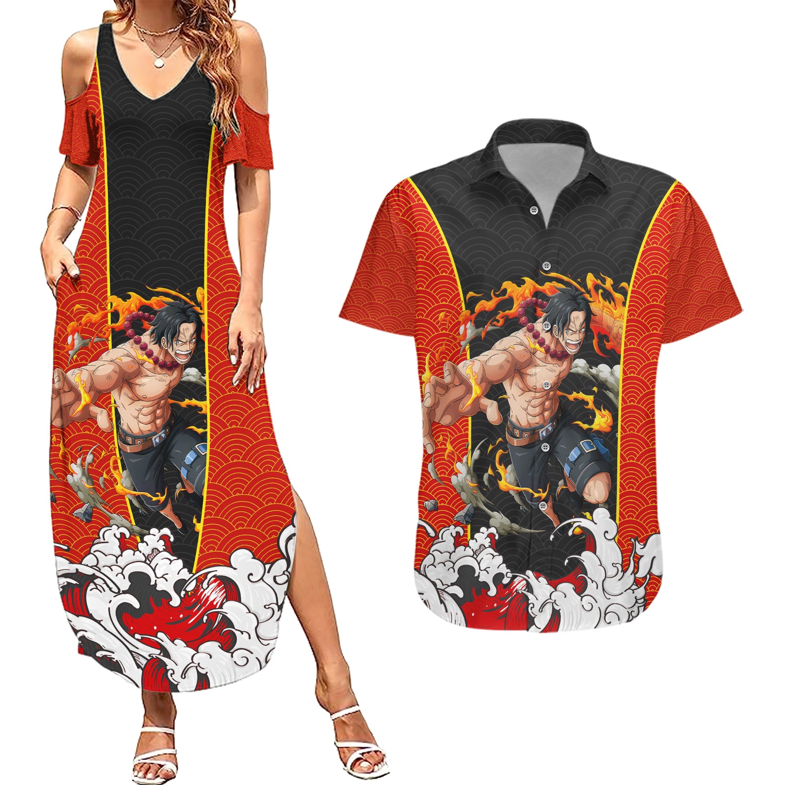 Portgas D.Ace - One Piece Couples Matching Summer Maxi Dress and Hawaiian Shirt Anime Japan Style