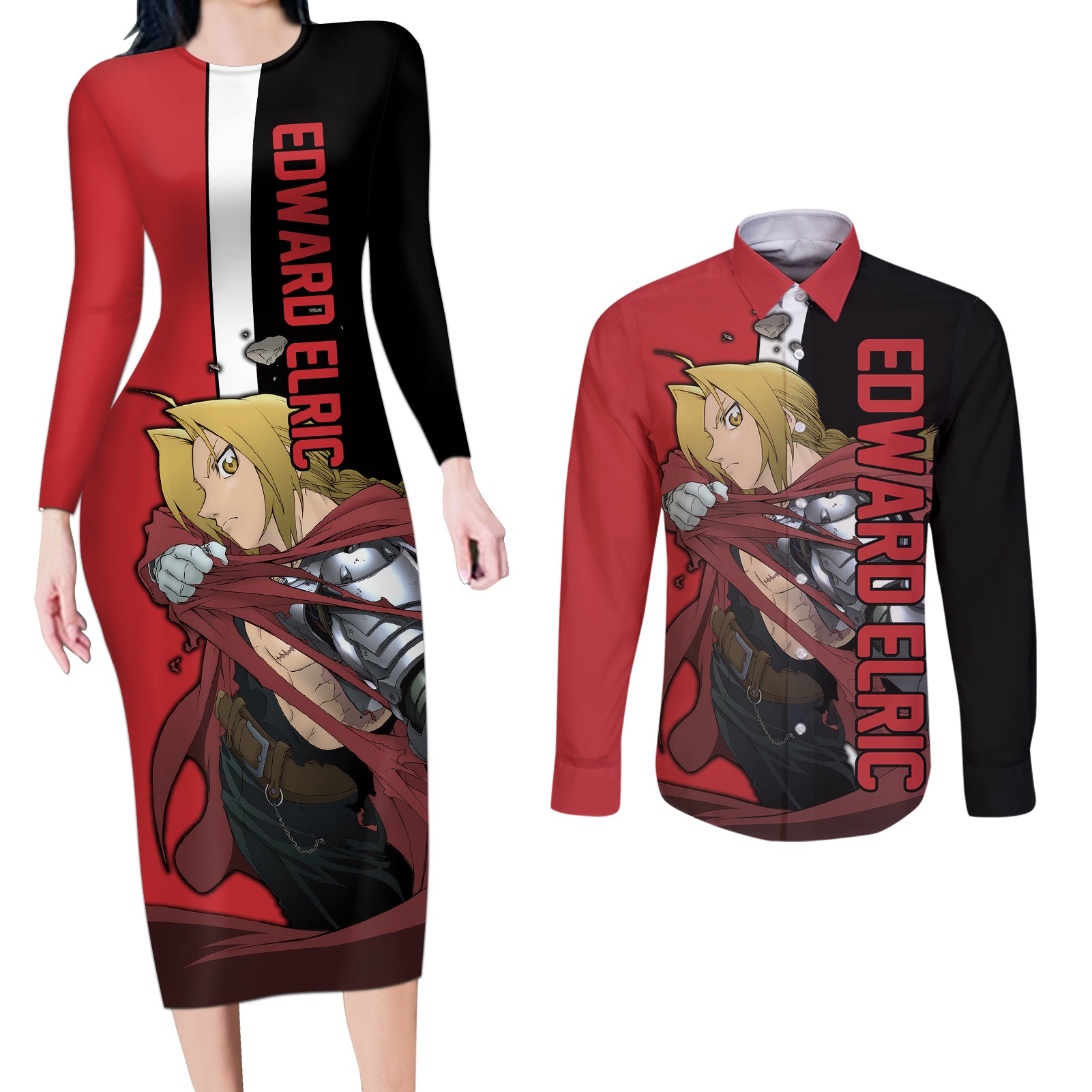 Elric Edward - Fullmetal Alchemist Couples Matching Long Sleeve Bodycon Dress and Long Sleeve Button Shirt Anime Style