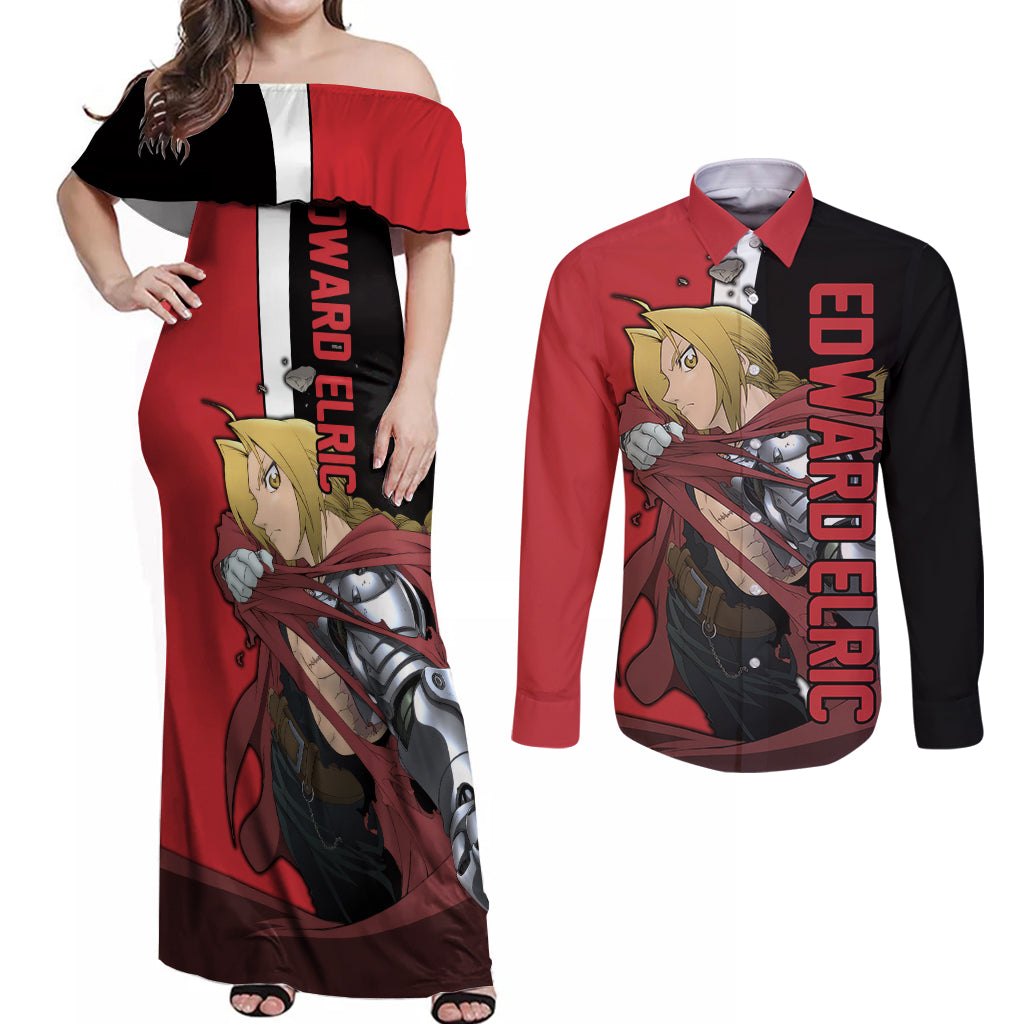 Elric Edward - Fullmetal Alchemist Couples Matching Off Shoulder Maxi Dress and Long Sleeve Button Shirt Anime Style