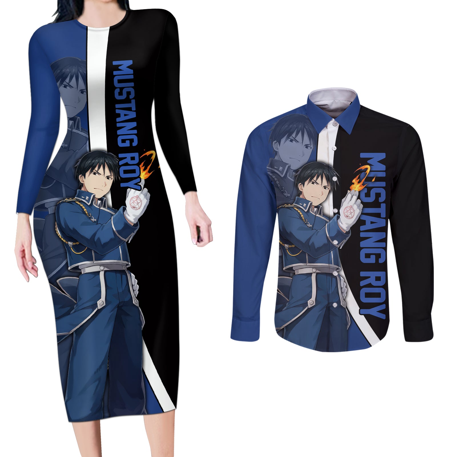 Mustang Roy - Fullmetal Alchemist Couples Matching Long Sleeve Bodycon Dress and Long Sleeve Button Shirt Anime Style