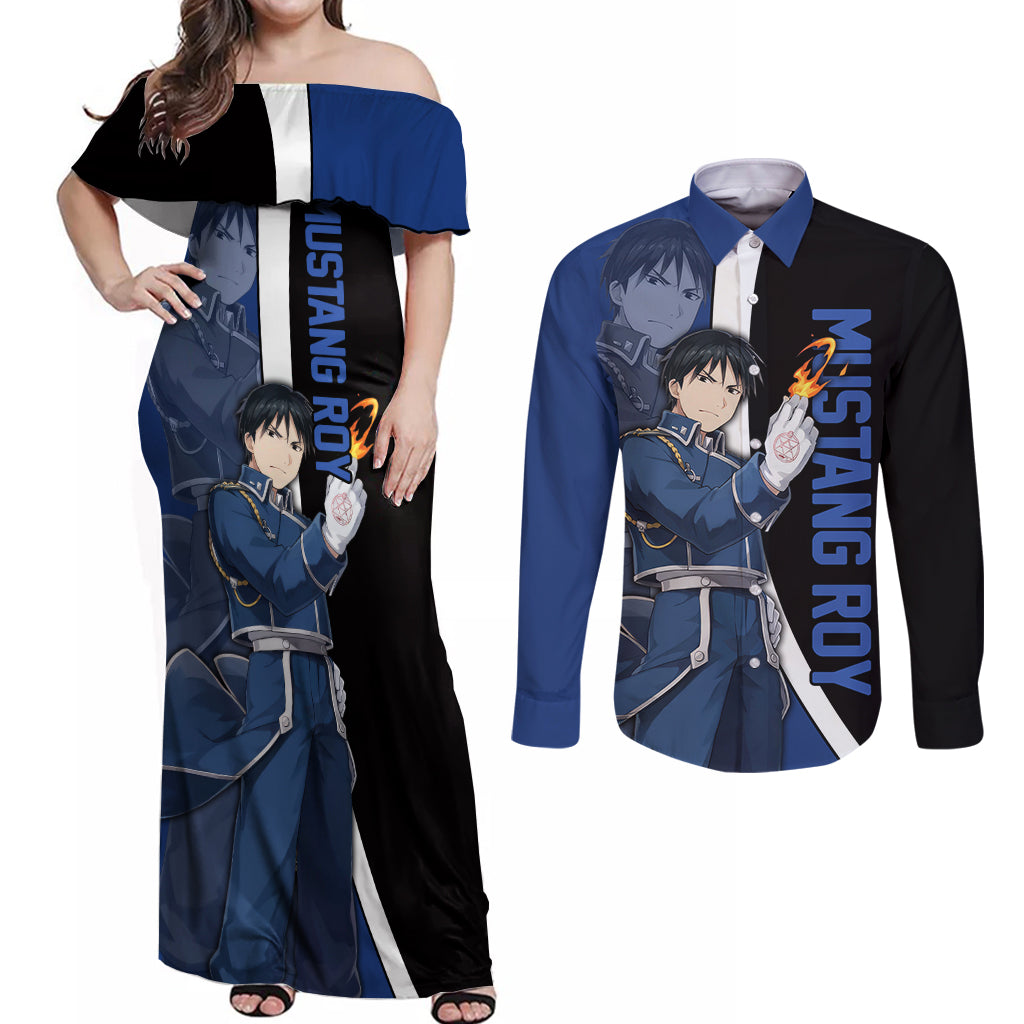 Mustang Roy - Fullmetal Alchemist Couples Matching Off Shoulder Maxi Dress and Long Sleeve Button Shirt Anime Style