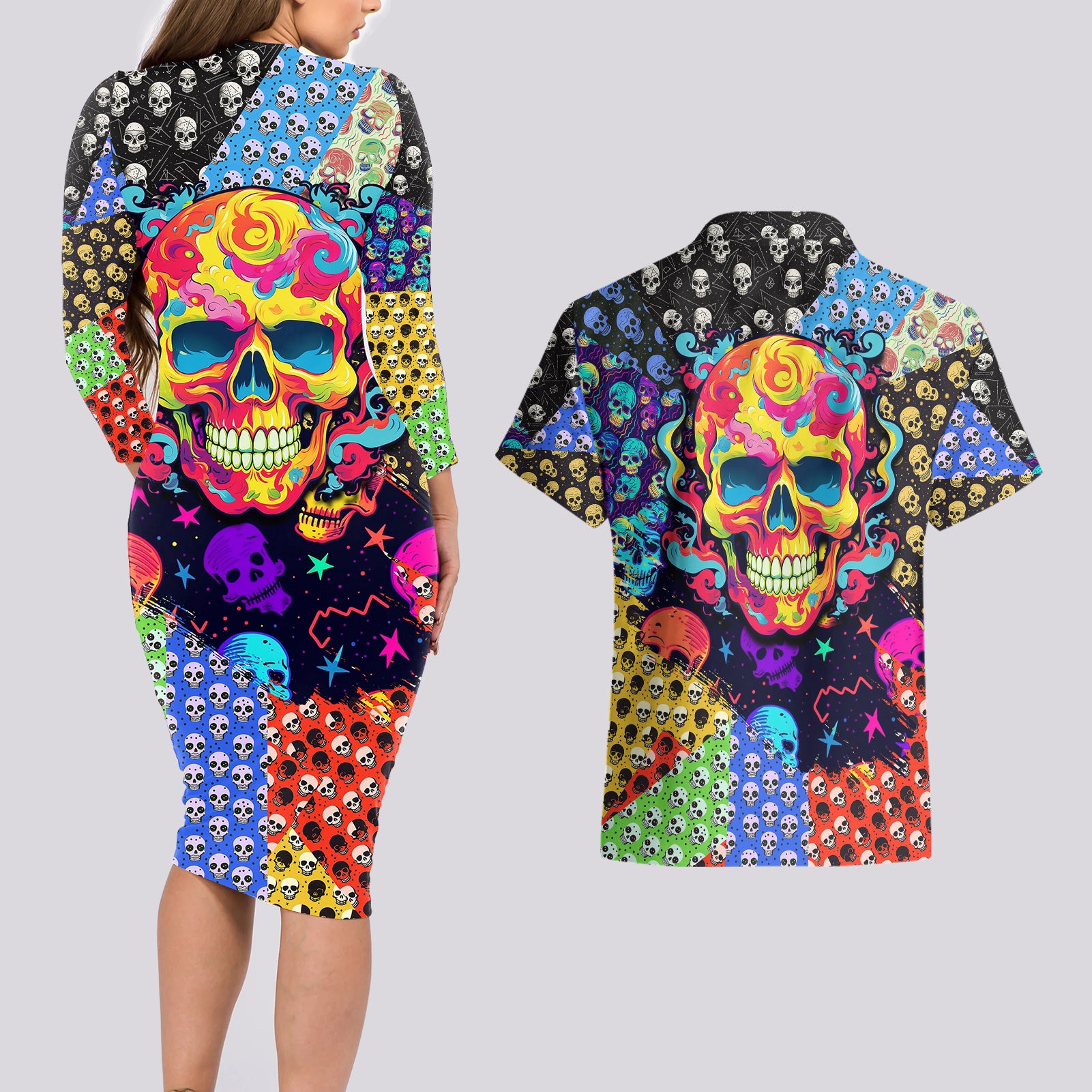 skull-pattern-couples-matching-long-sleeve-bodycon-dress-and-hawaiian-shirt-colorful-skull-pattern-mix