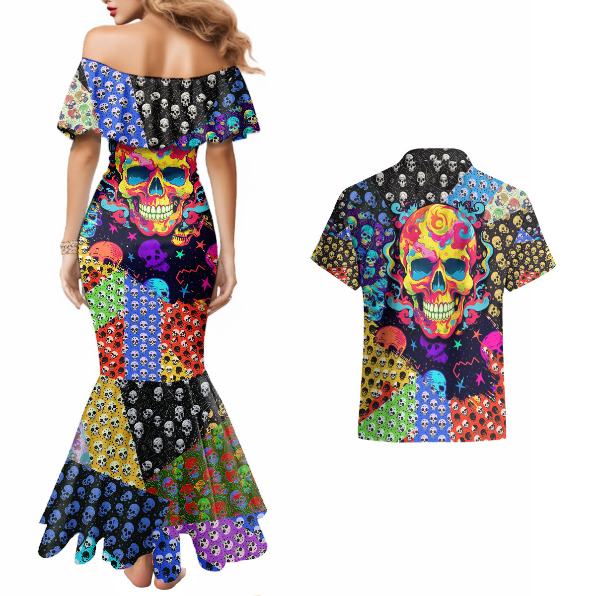 skull-pattern-couples-matching-mermaid-dress-and-hawaiian-shirt-colorful-skull-pattern-mix