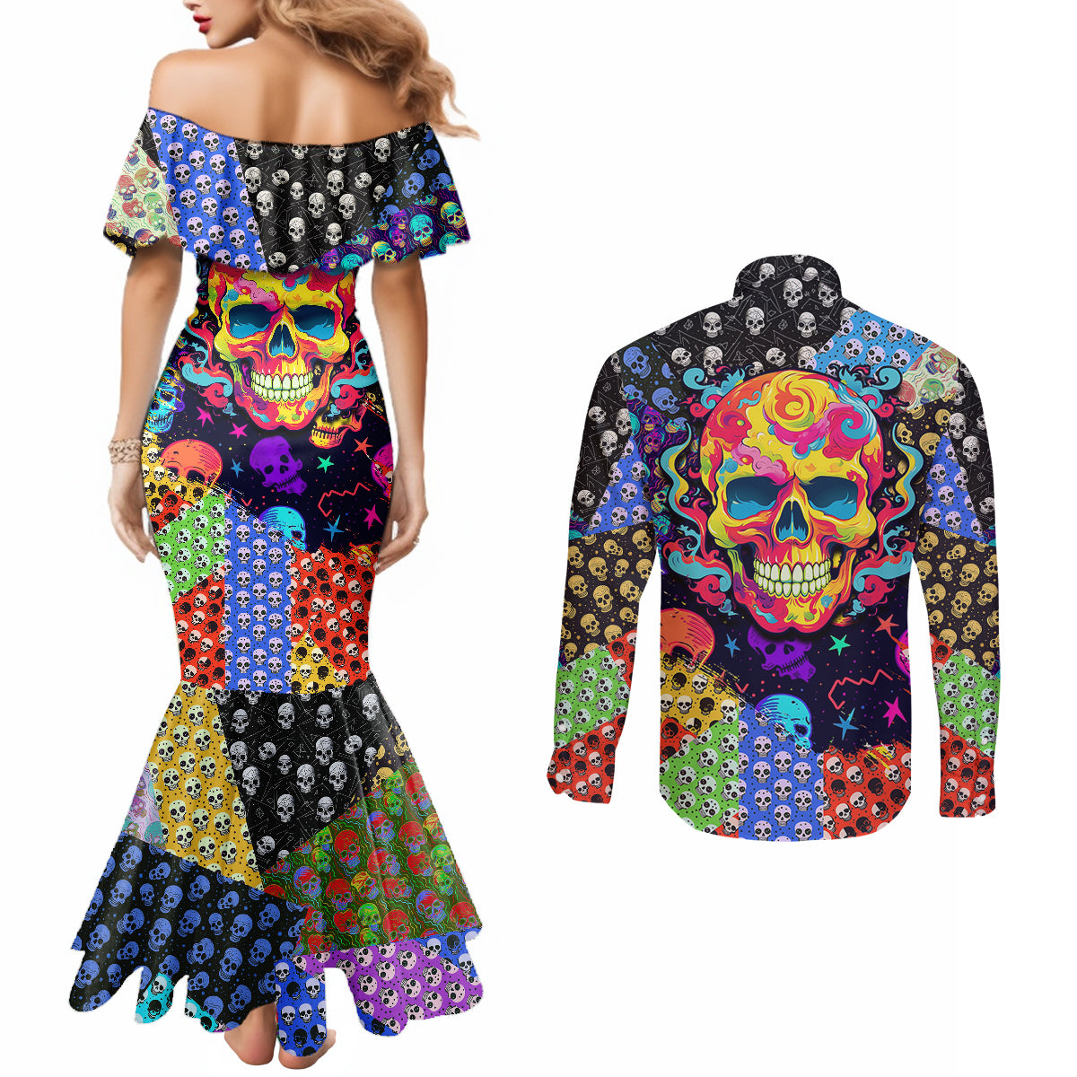 skull-pattern-couples-matching-mermaid-dress-and-long-sleeve-button-shirts-colorful-skull-pattern-mix