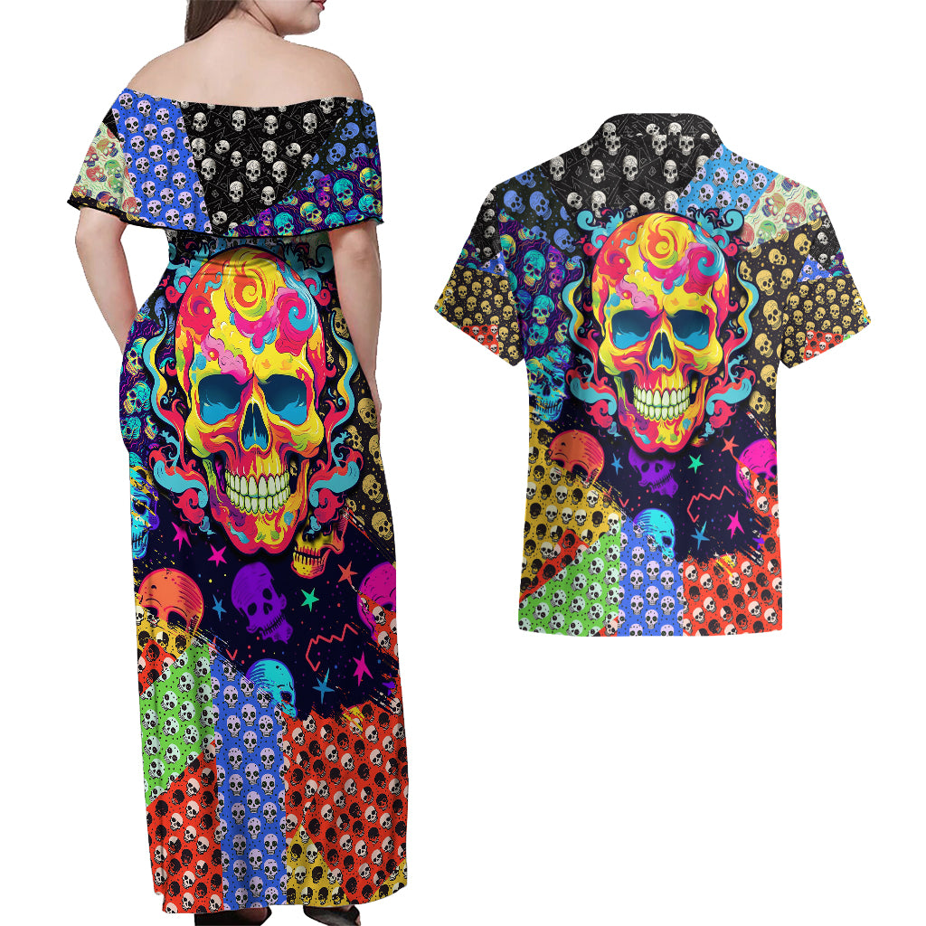 skull-pattern-couples-matching-off-shoulder-maxi-dress-and-hawaiian-shirt-colorful-skull-pattern-mix