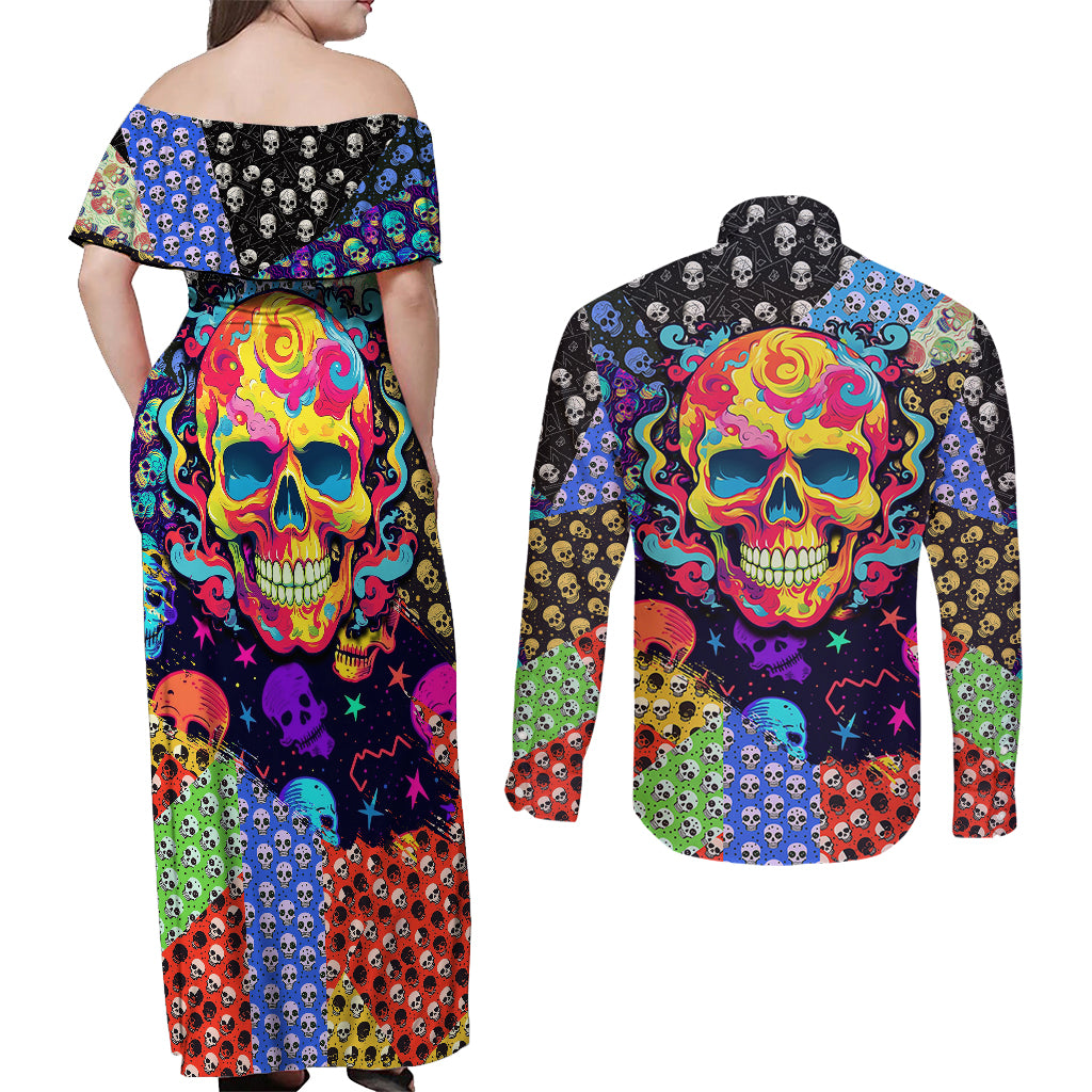 skull-pattern-couples-matching-off-shoulder-maxi-dress-and-long-sleeve-button-shirts-colorful-skull-pattern-mix