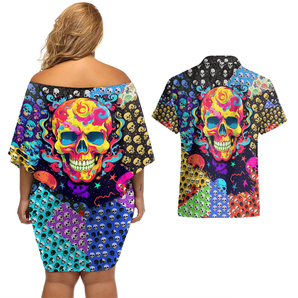 skull-pattern-couples-matching-off-shoulder-short-dress-and-hawaiian-shirt-colorful-skull-pattern-mix