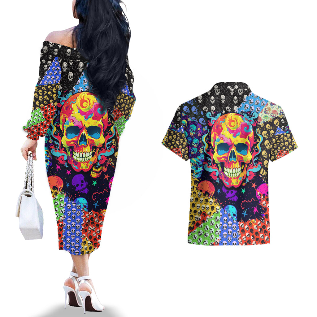 skull-pattern-couples-matching-off-the-shoulder-long-sleeve-dress-and-hawaiian-shirt-colorful-skull-pattern-mix