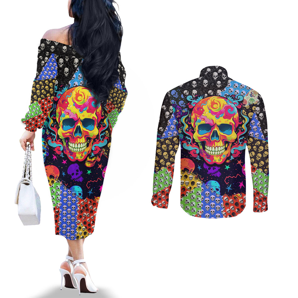 skull-pattern-couples-matching-off-the-shoulder-long-sleeve-dress-and-long-sleeve-button-shirts-colorful-skull-pattern-mix