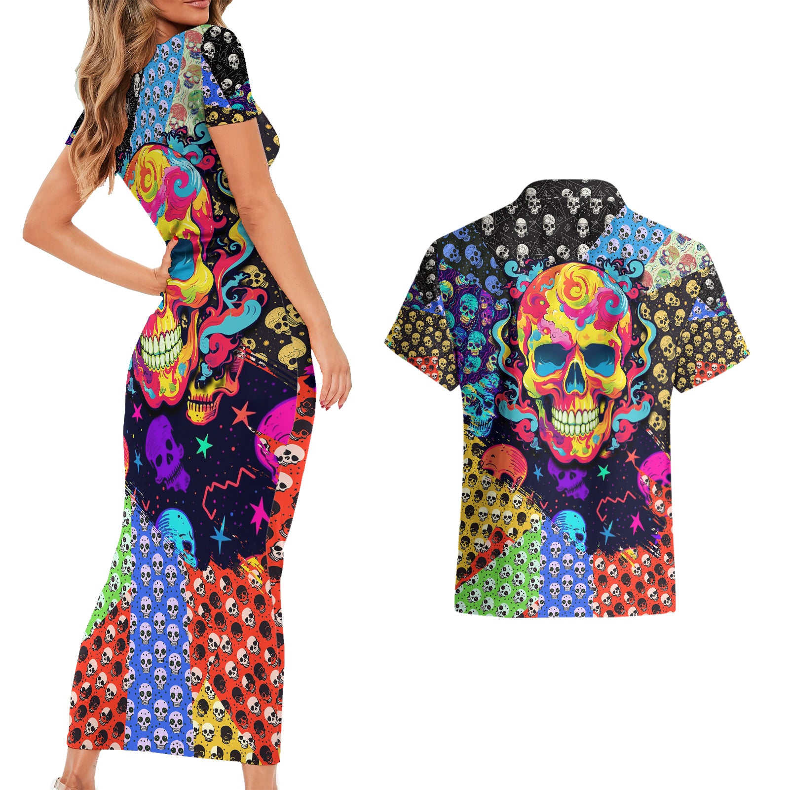 skull-pattern-couples-matching-short-sleeve-bodycon-dress-and-hawaiian-shirt-colorful-skull-pattern-mix