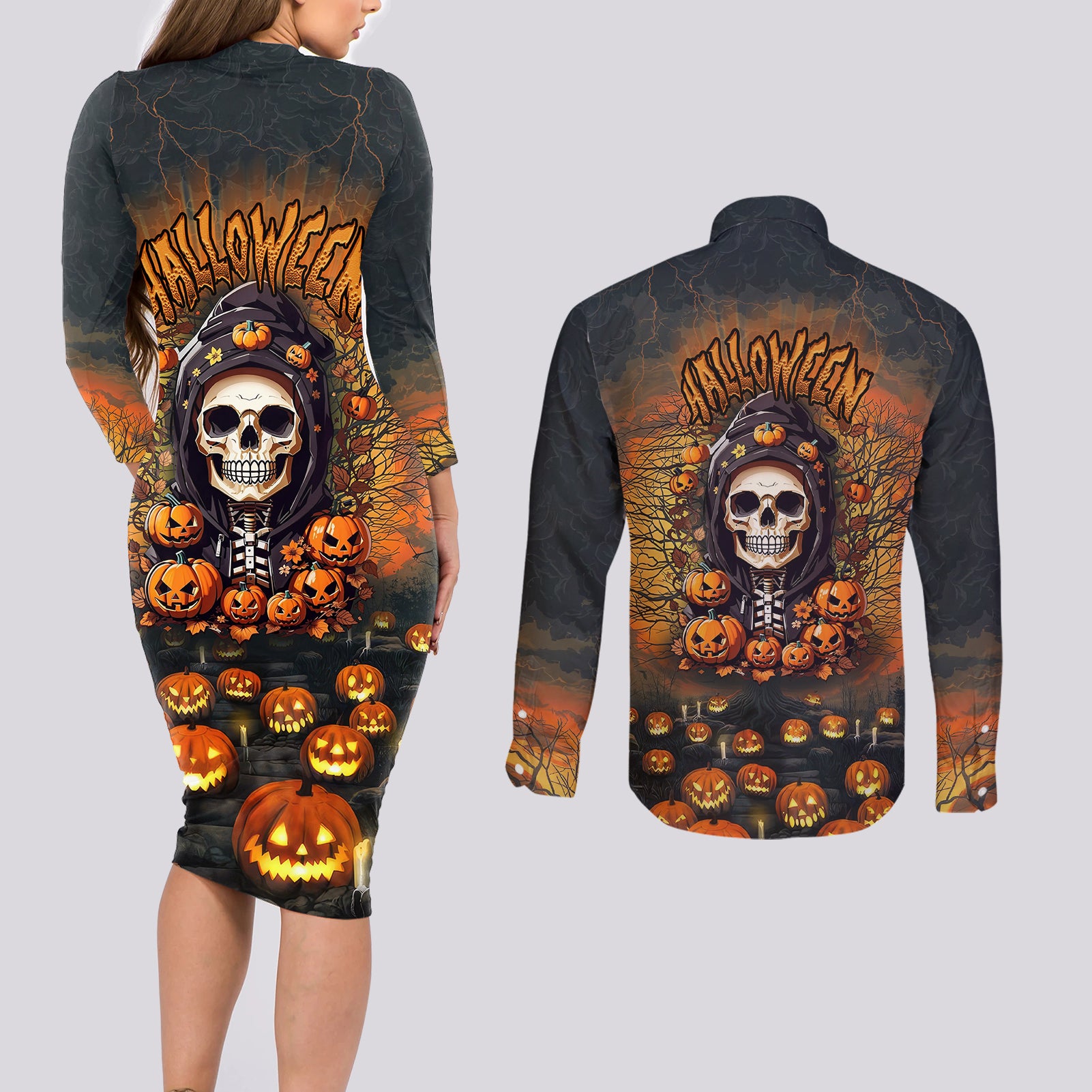 halloween-skull-couples-matching-long-sleeve-bodycon-dress-and-long-sleeve-button-shirts-pumpkin-themed