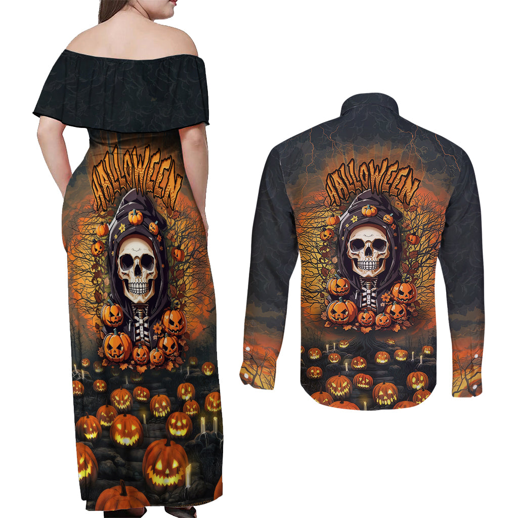 halloween-skull-couples-matching-off-shoulder-maxi-dress-and-long-sleeve-button-shirts-pumpkin-themed