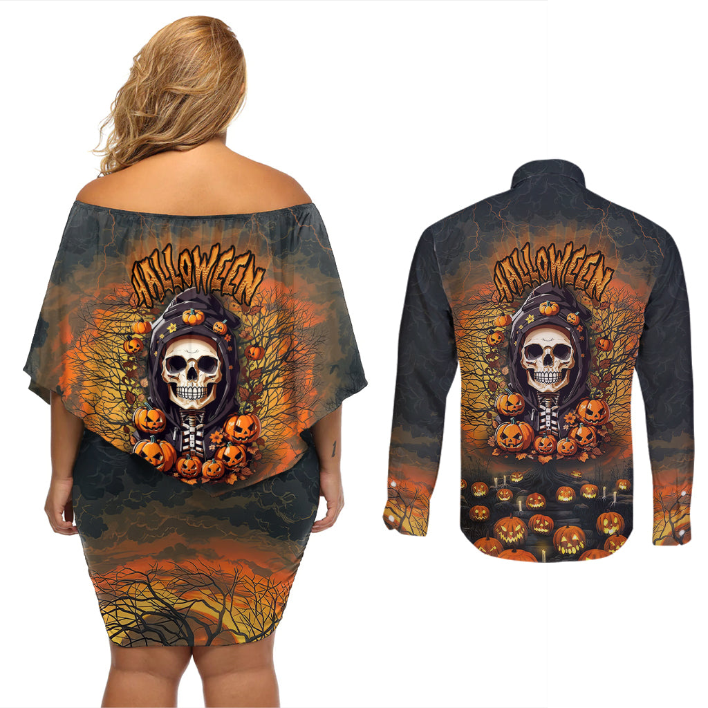 halloween-skull-couples-matching-off-shoulder-short-dress-and-long-sleeve-button-shirts-pumpkin-themed