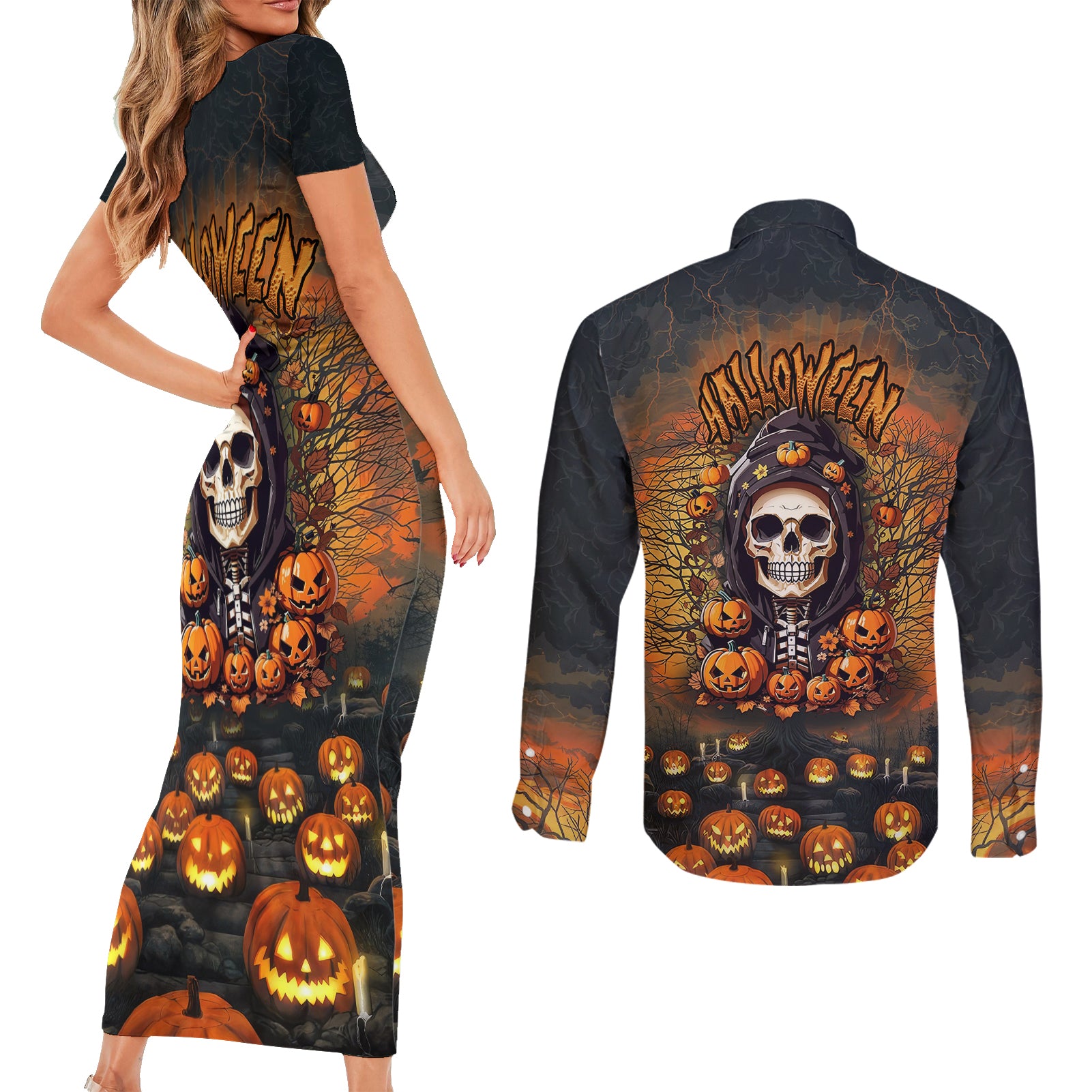 halloween-skull-couples-matching-short-sleeve-bodycon-dress-and-long-sleeve-button-shirts-pumpkin-themed