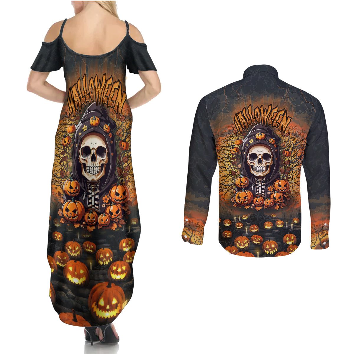 halloween-skull-couples-matching-summer-maxi-dress-and-long-sleeve-button-shirts-pumpkin-themed