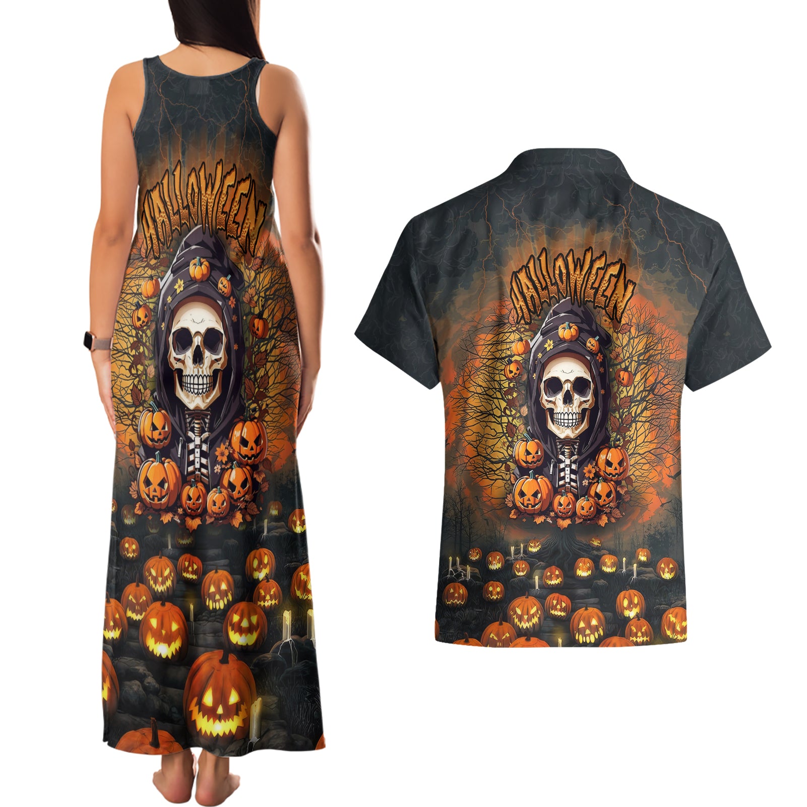 halloween-skull-couples-matching-tank-maxi-dress-and-hawaiian-shirt-pumpkin-themed