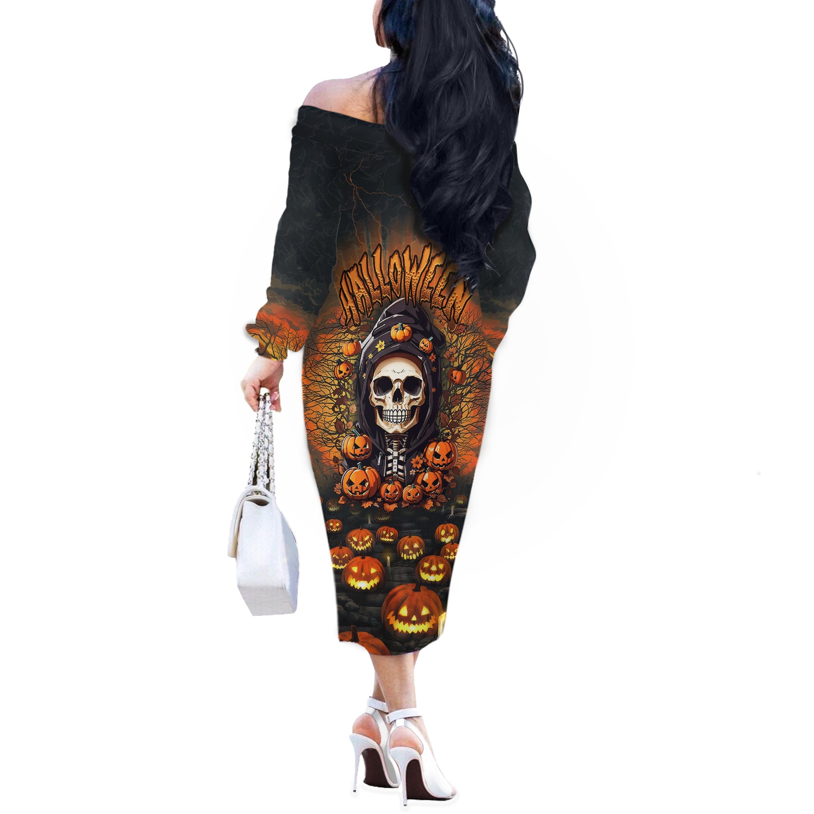 halloween-skull-off-the-shoulder-long-sleeve-dress-pumpkin-themed