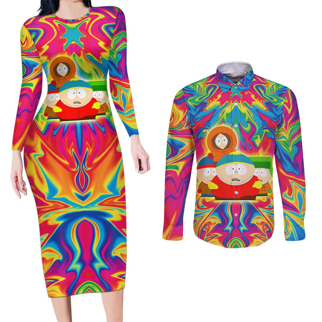 Trippy South Park Couples Matching Long Sleeve Bodycon Dress and Long Sleeve Button Shirt Anime Style