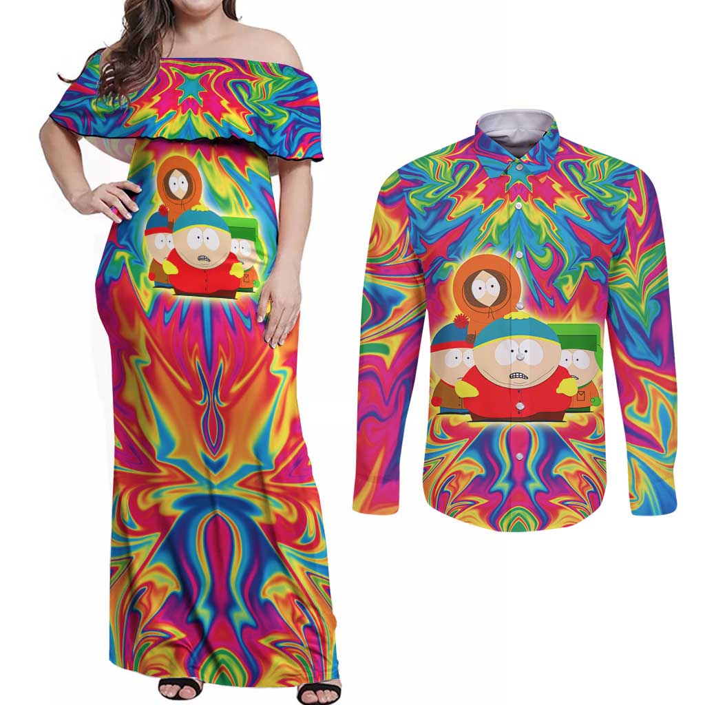 Trippy South Park Couples Matching Off Shoulder Maxi Dress and Long Sleeve Button Shirt Anime Style