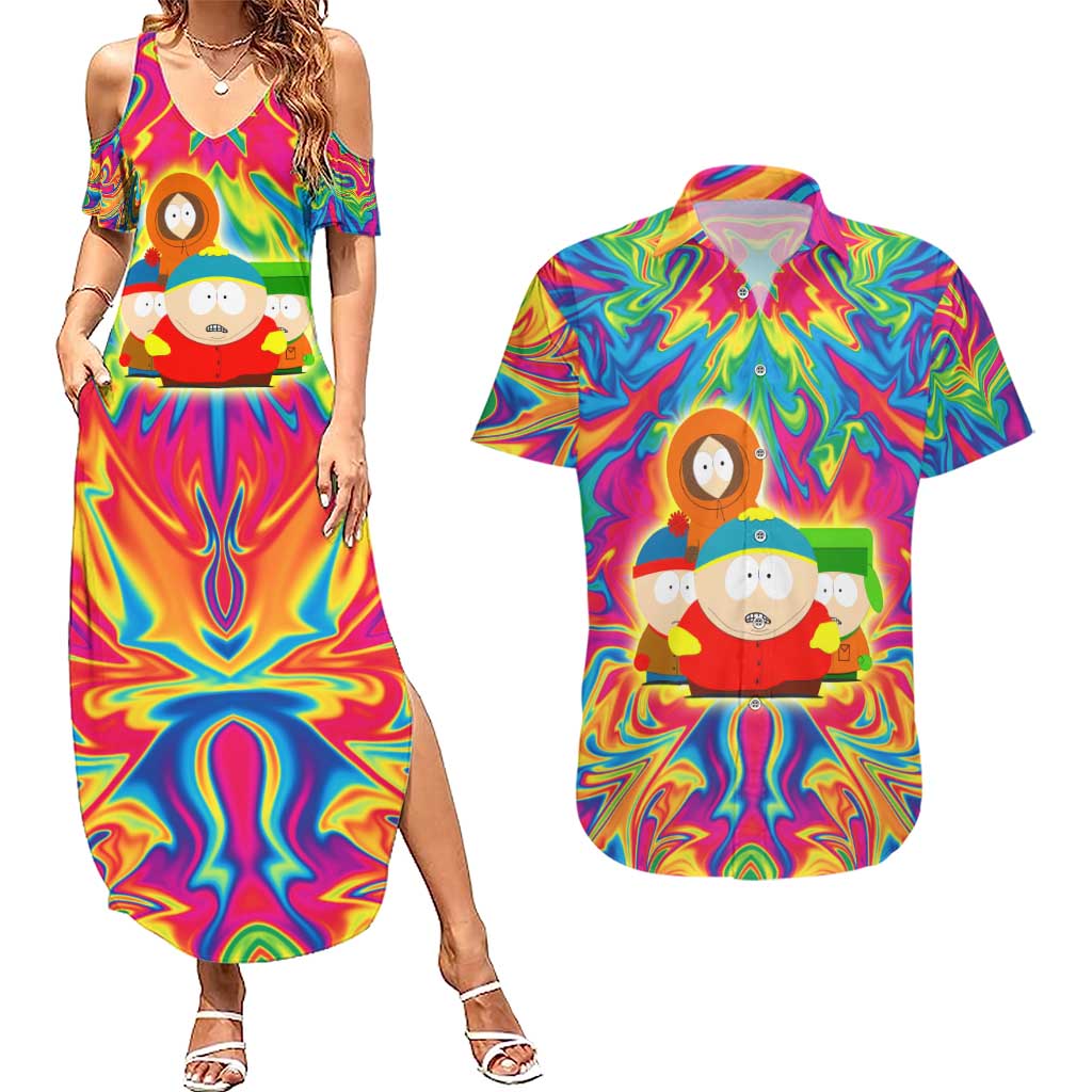 Trippy South Park Couples Matching Summer Maxi Dress and Hawaiian Shirt Anime Style