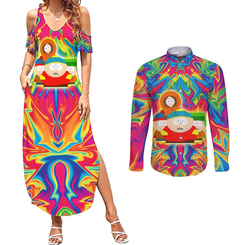 Trippy South Park Couples Matching Summer Maxi Dress and Long Sleeve Button Shirt Anime Style