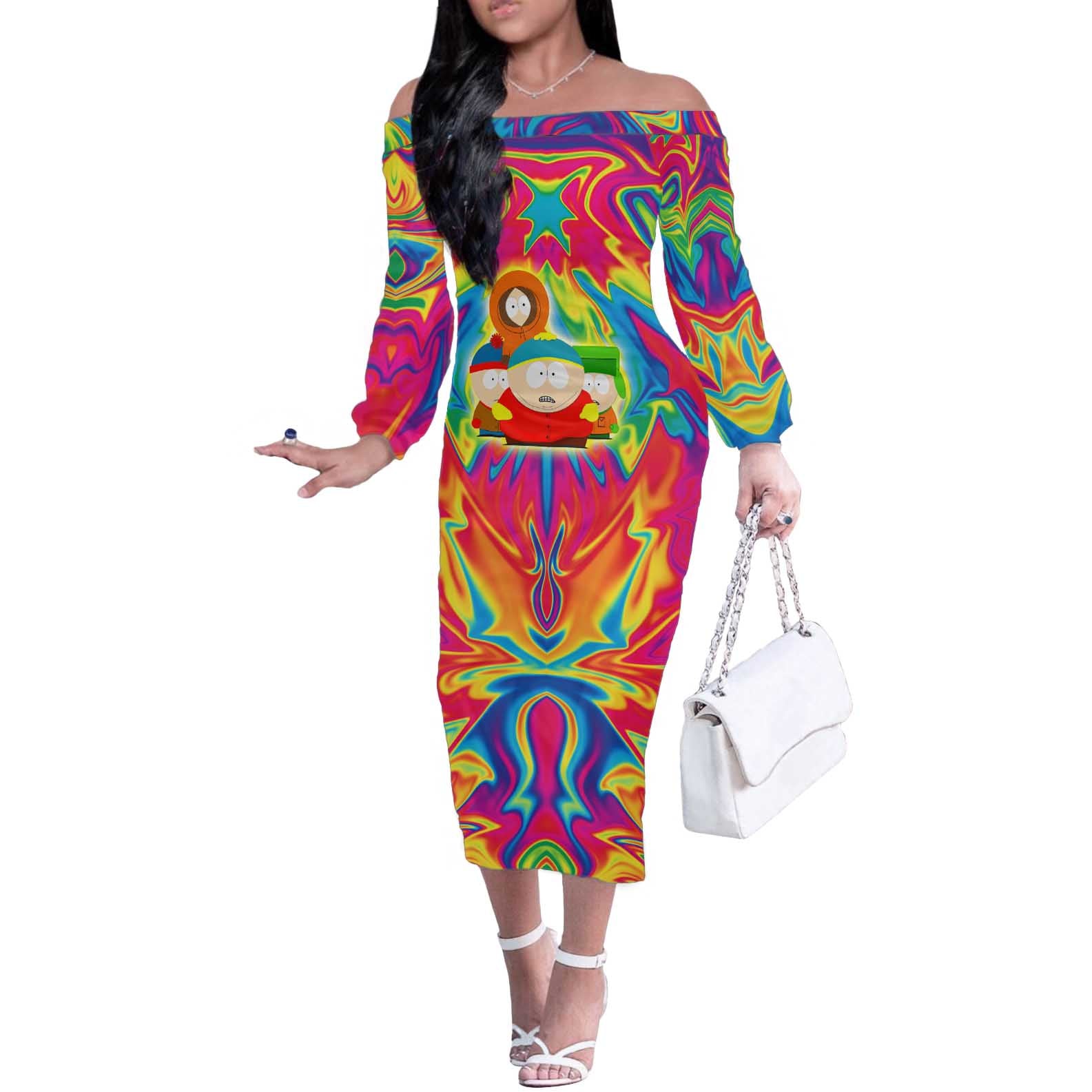 Trippy South Park Off The Shoulder Long Sleeve Dress Anime Style