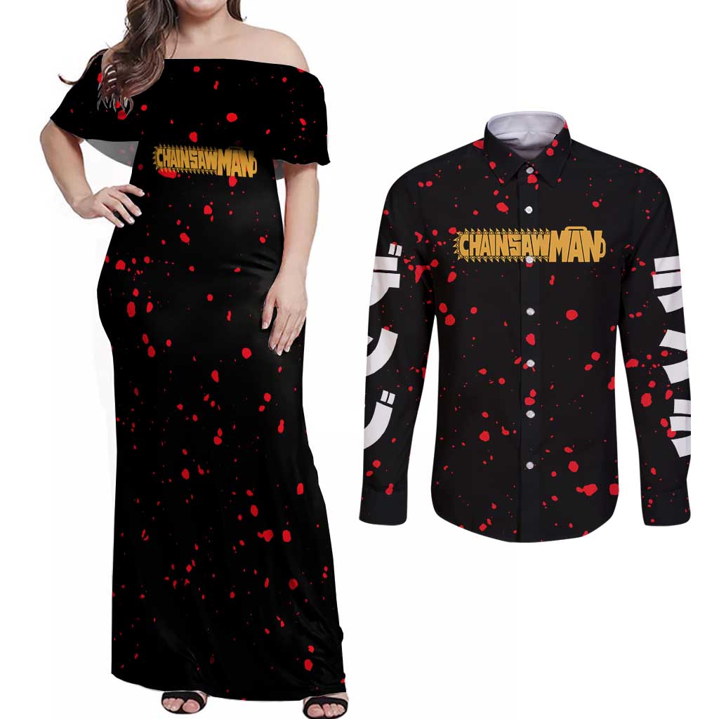 Chainsaw Man Couples Matching Off Shoulder Maxi Dress and Long Sleeve Button Shirt Anime Style