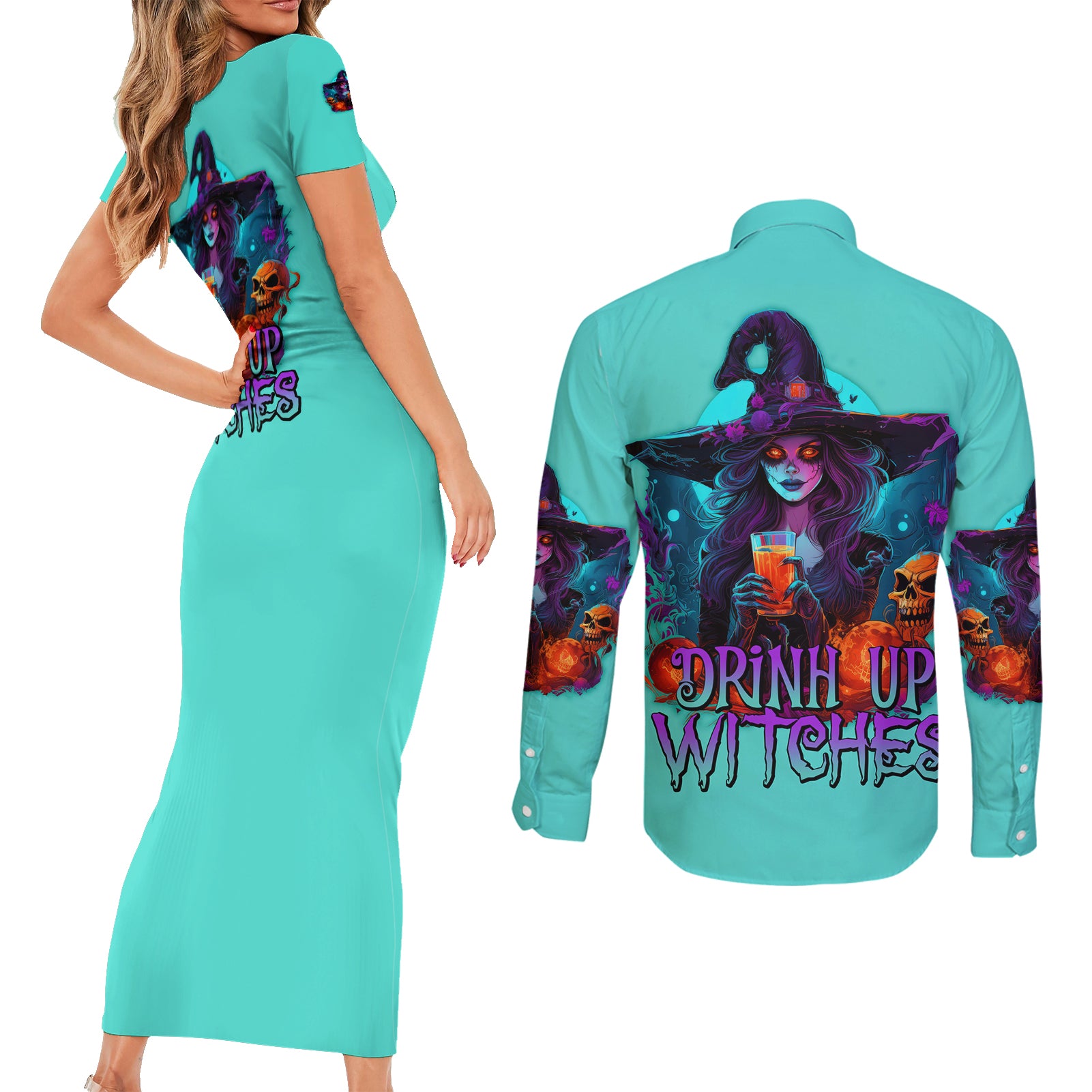 drink-up-witches-halloween-couples-matching-short-sleeve-bodycon-dress-and-long-sleeve-button-shirt