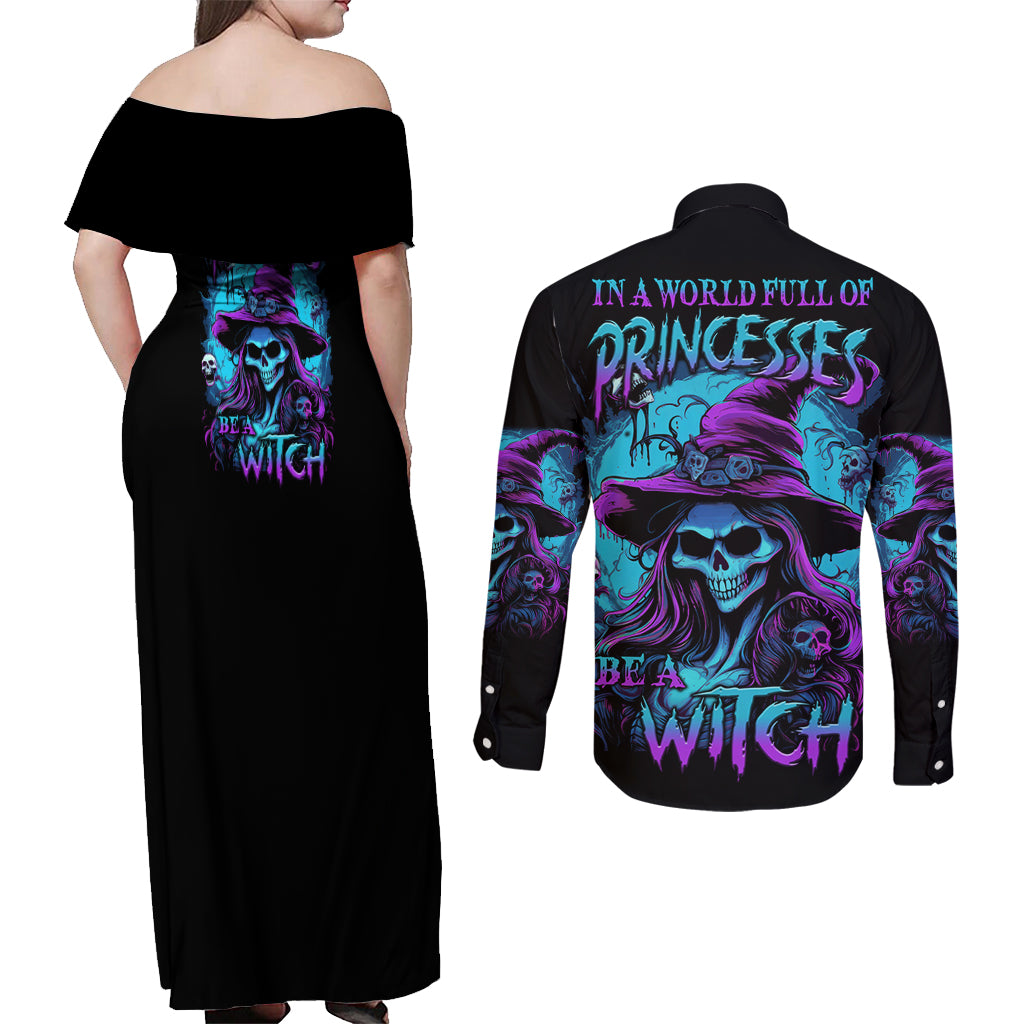 in-a-world-full-of-princesses-be-a-witch-halloween-couples-matching-off-shoulder-maxi-dress-and-long-sleeve-button-shirt